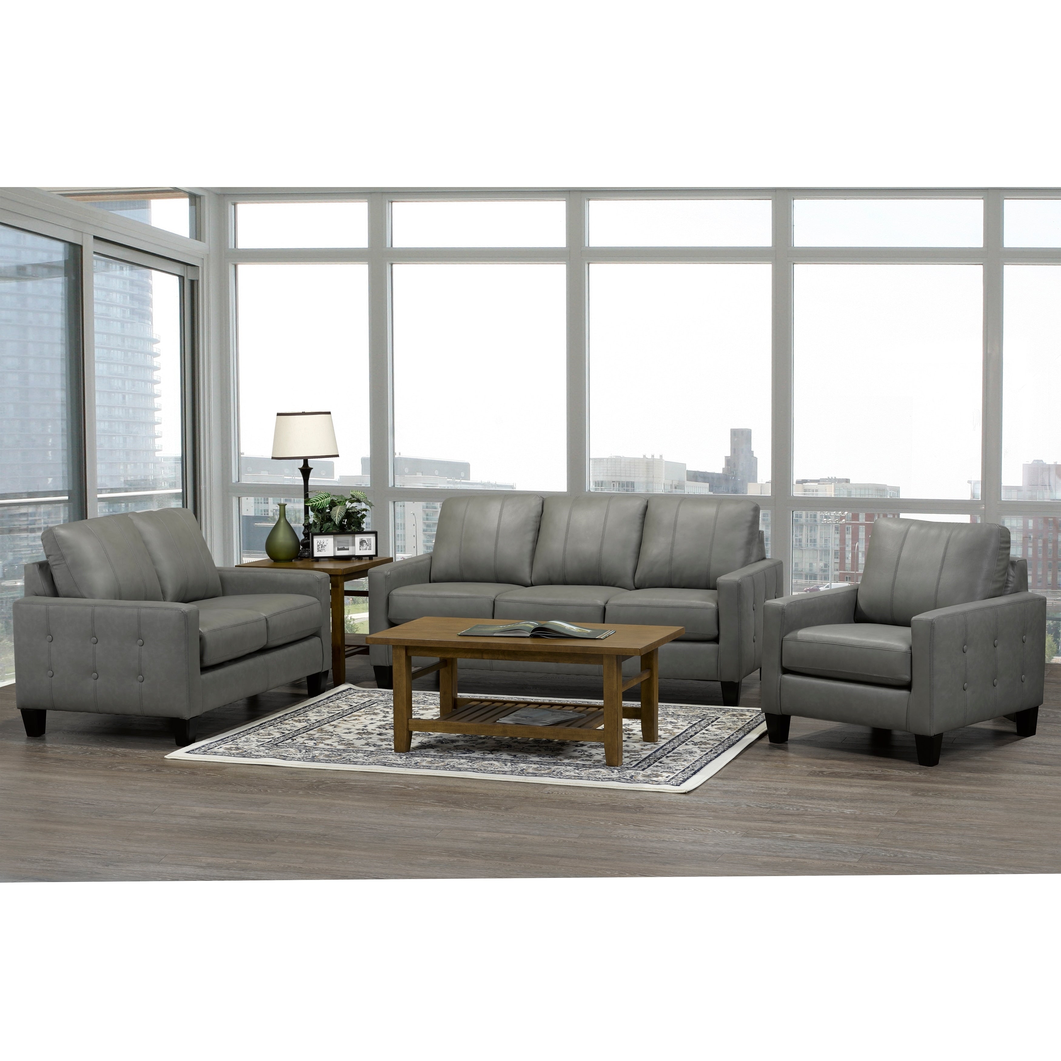 Roy Mid Century Modern Grey Top Grain Italian Leather Tufted Sofa Loveseat And Chair