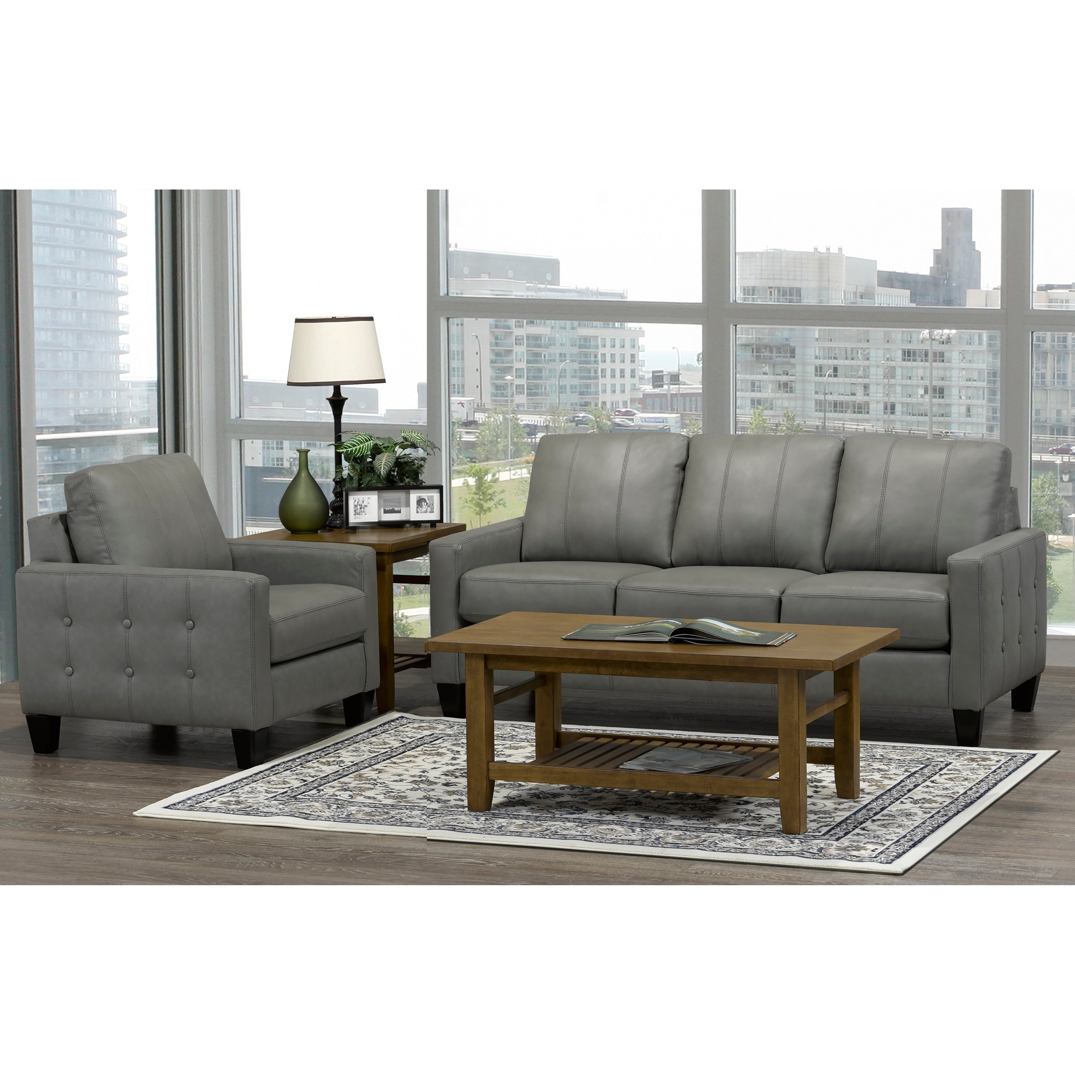 Roy Mid Century Modern Grey Top Grain Italian Leather Tufted Sofa And Chair