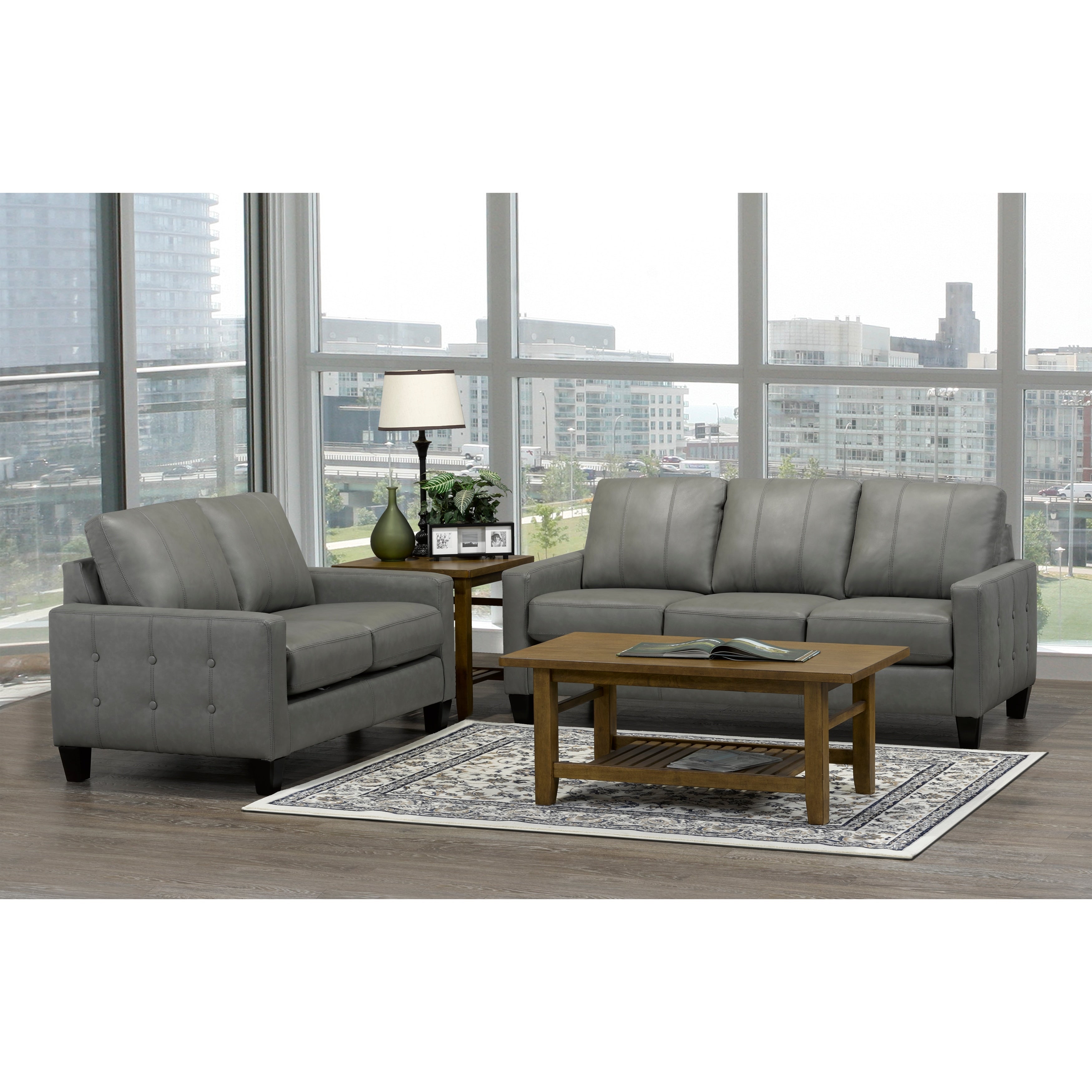 Roy Mid Century Modern Grey Top Grain Italian Leather Tufted Sofa And Loveseat