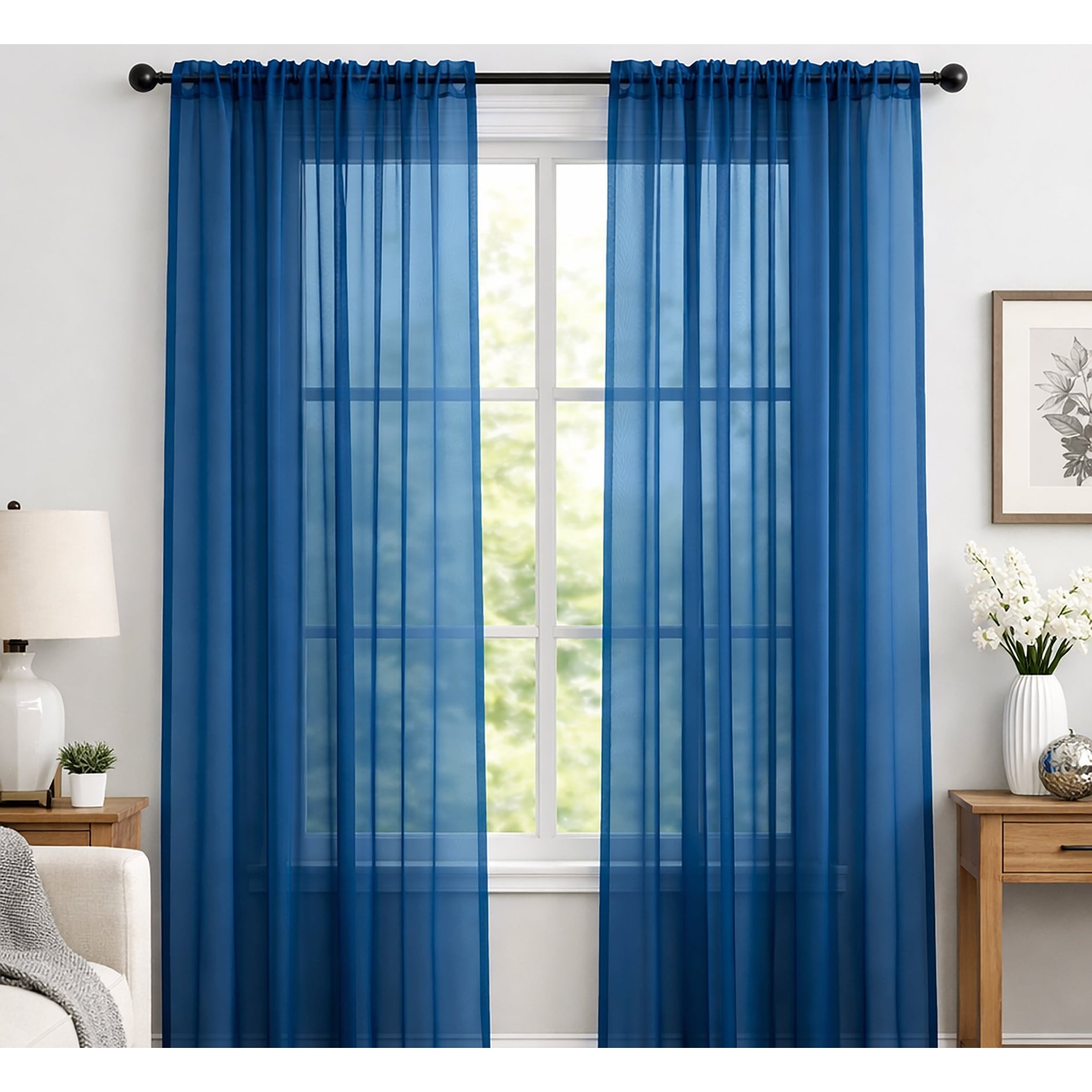 Royal Blue Sheer Window Rod Pocket Curtain Set 90 Inches Long 2 Panels