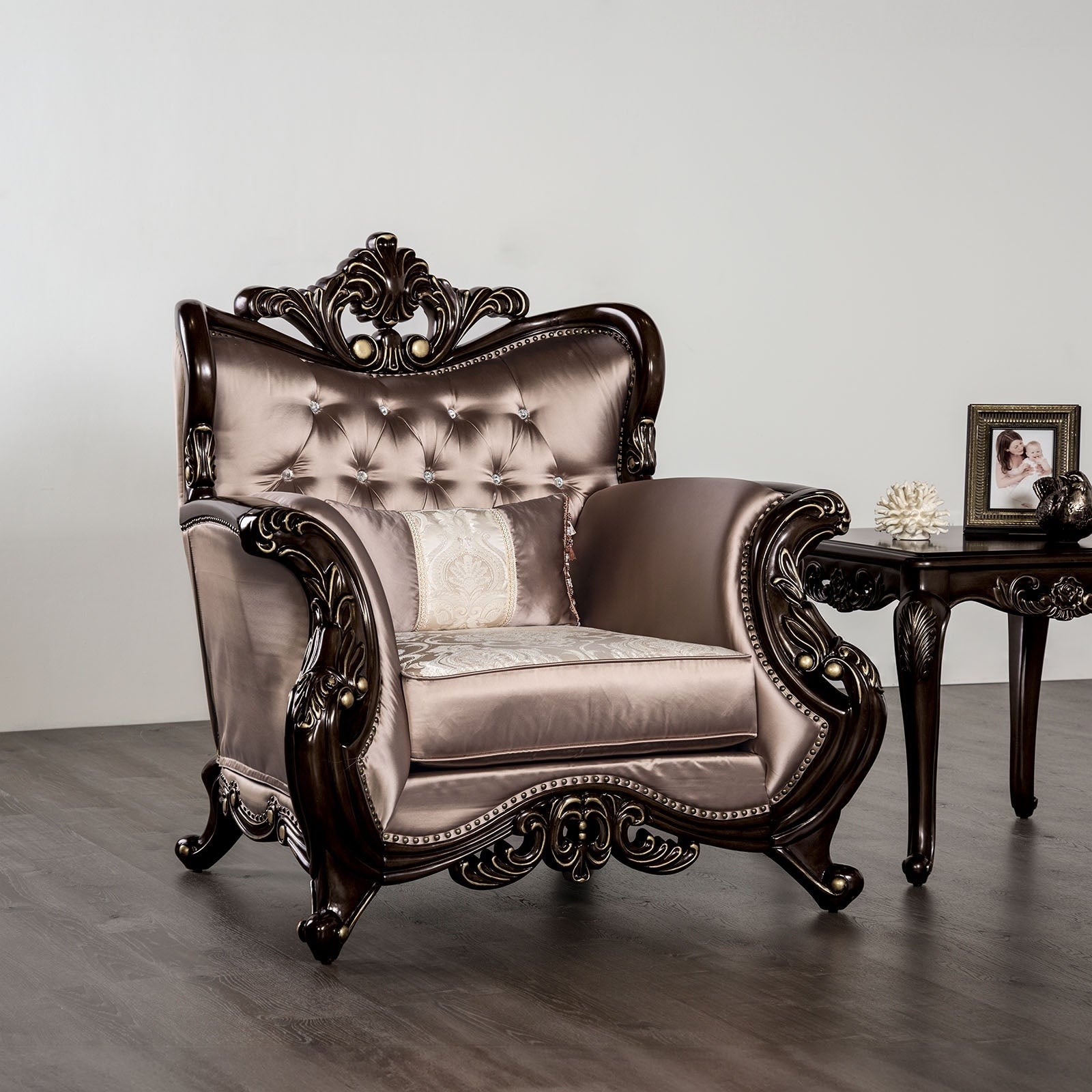 Royal Brown Finish Solid Wood Carved Details Upholstered Tufted 1Pc Chair