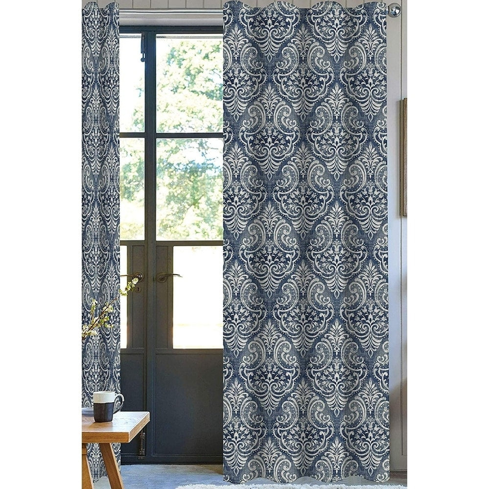 Royal Damask Designer Drapery Panel Set Of 2 Blue 100 Organic Cotton 2In 1 Construction Rod Pocket With Hidden Tab