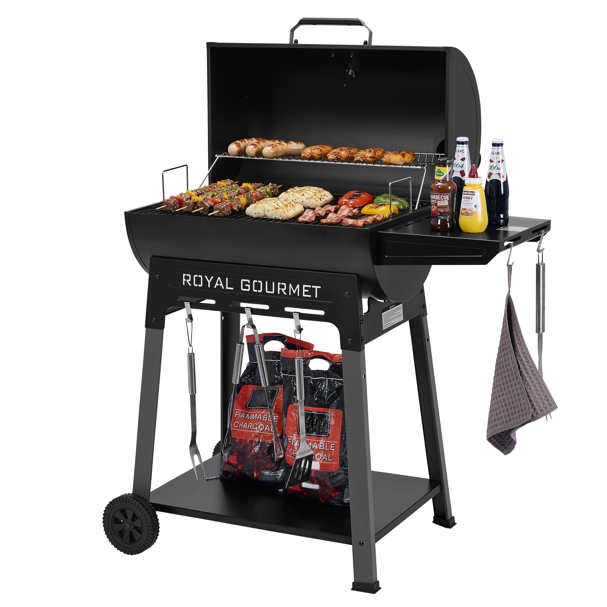 Royal Gourmet Cc1831 Barrel Charcoal Grill With Side Shelf Sturdy Side Shelf Bottom Shelf 626 Sq. In. Cooking Area