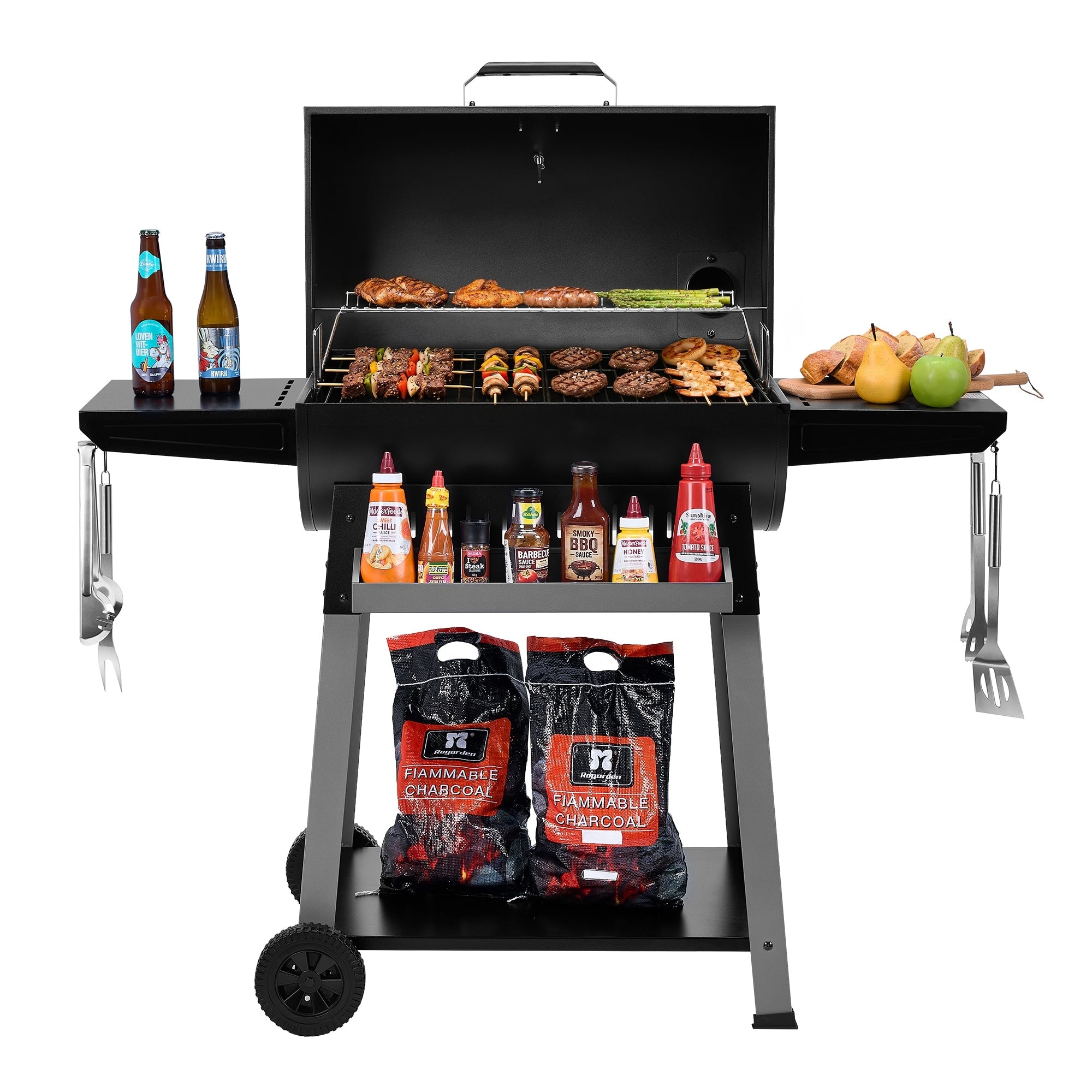 Royal Gourmet Cc1831T Barrel Charcoal Grill With Side Shelves Hanging Basket Bottom Shelf 626 Sq. In