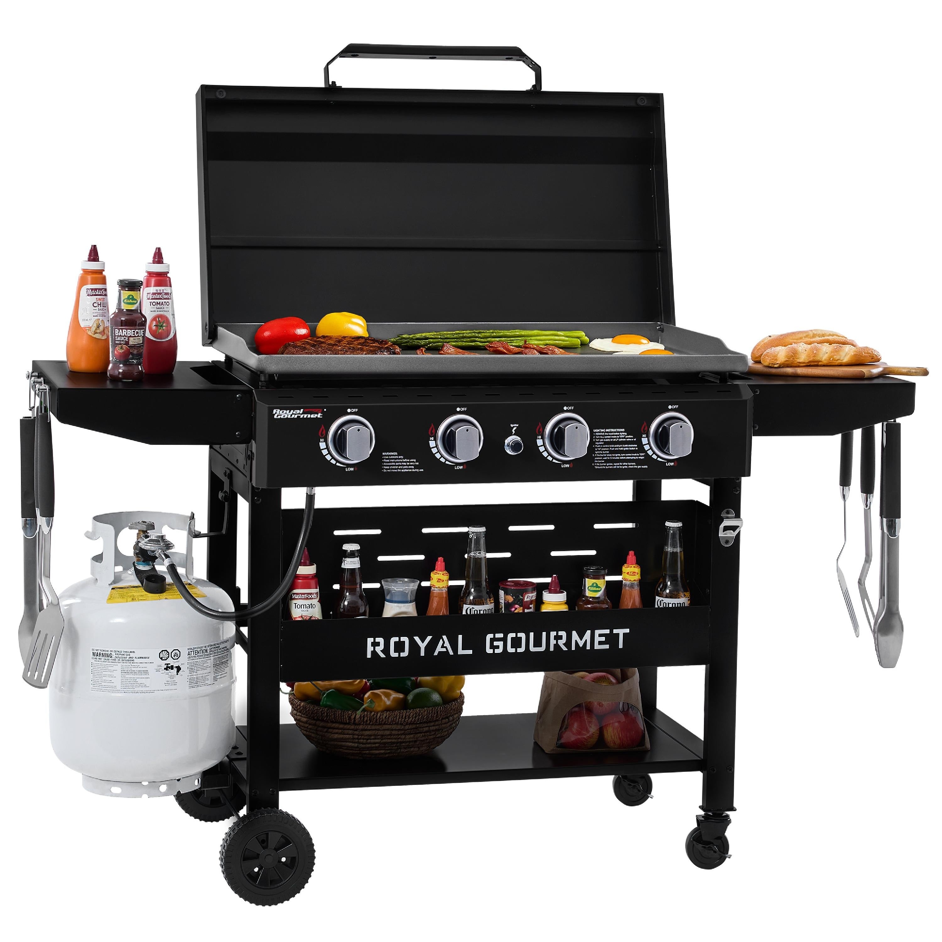 Royal Gourmet Gb4000Pb 4 Burner Gas Griddle With Hood Collapsible Side Shelves 52 000 Btu 582 Sq. In. Cooking Area