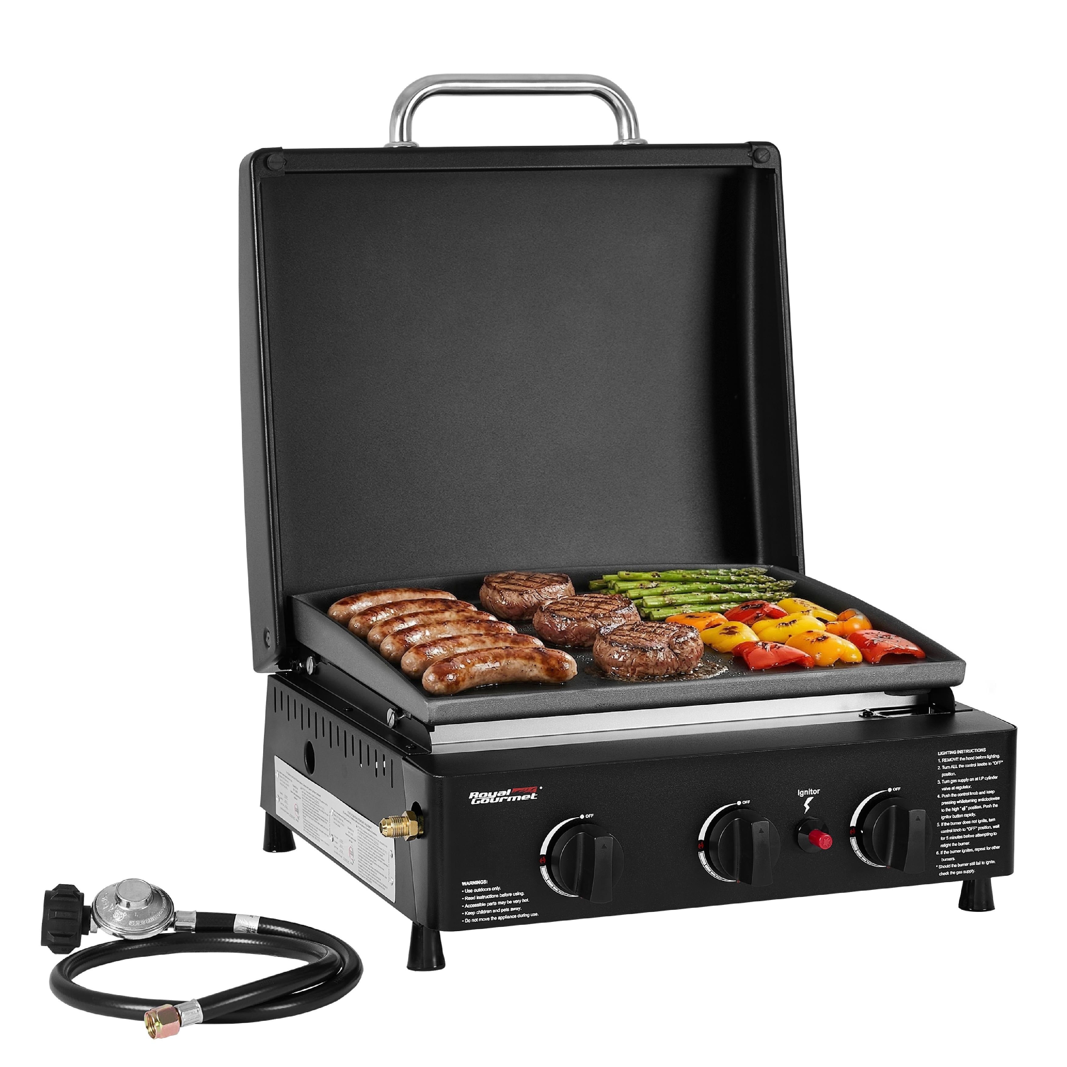 Royal Gourmet Pd1503H Portable 3 Burner Propane Griddle With Hood 227 Sq. In. Cooking Area 25 500 Btu