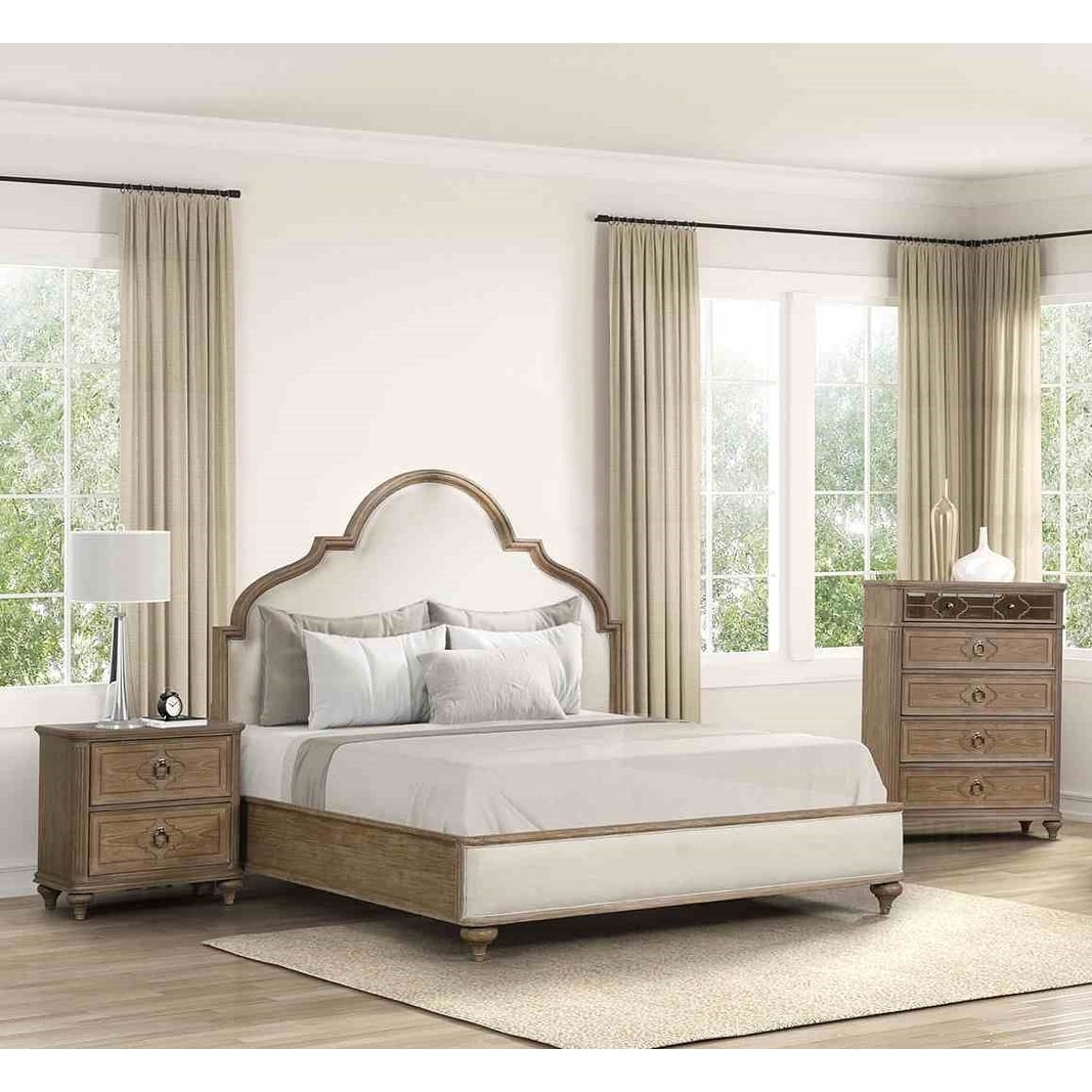 Royal Oak Finish Solid Wood Upholstered Bedroom Set 3Pc