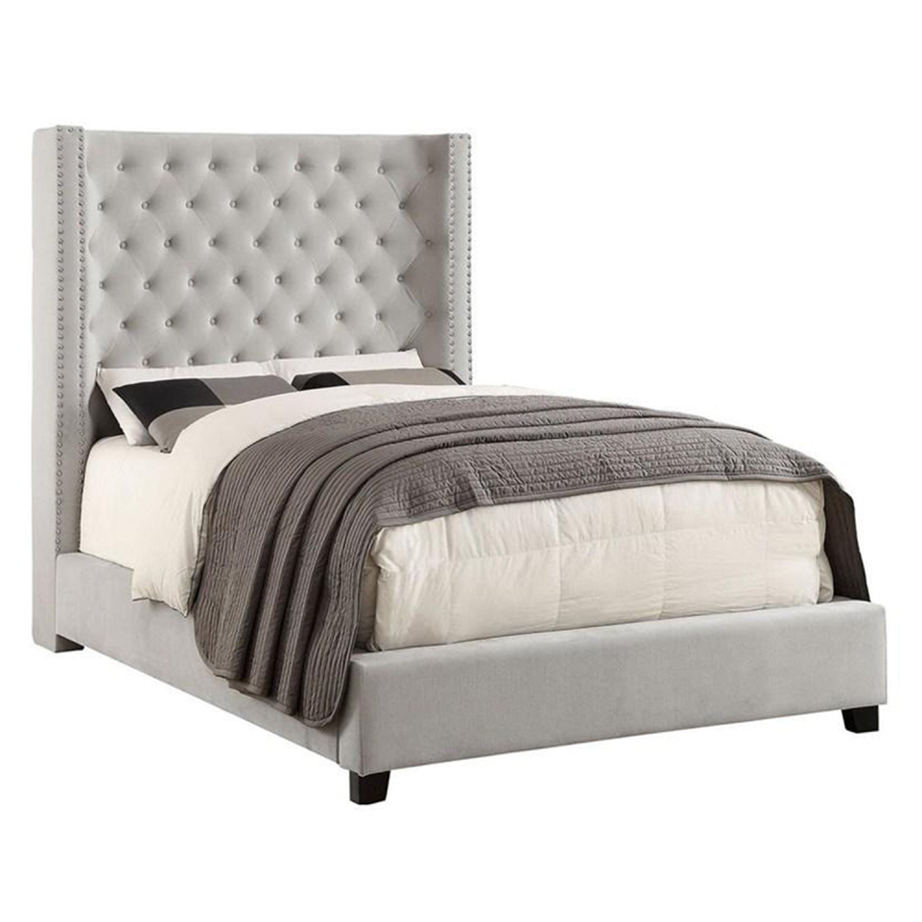 Rozy King Bed Wingback Tall Headboard Nailhead Trim Ivory Upholstery