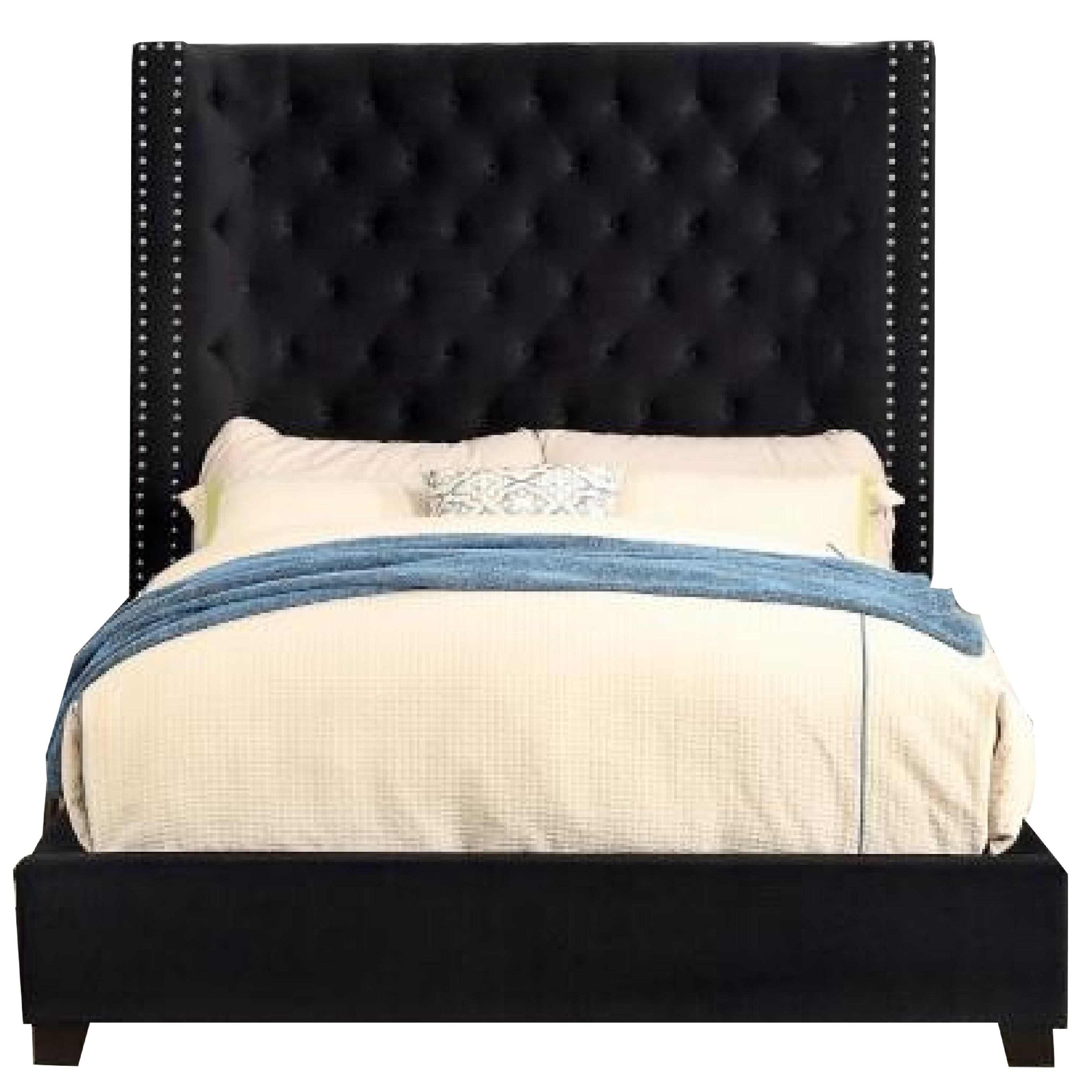 Rozy Queen Bed With Wingback Headboard Nailhead Trim Black Upholstery