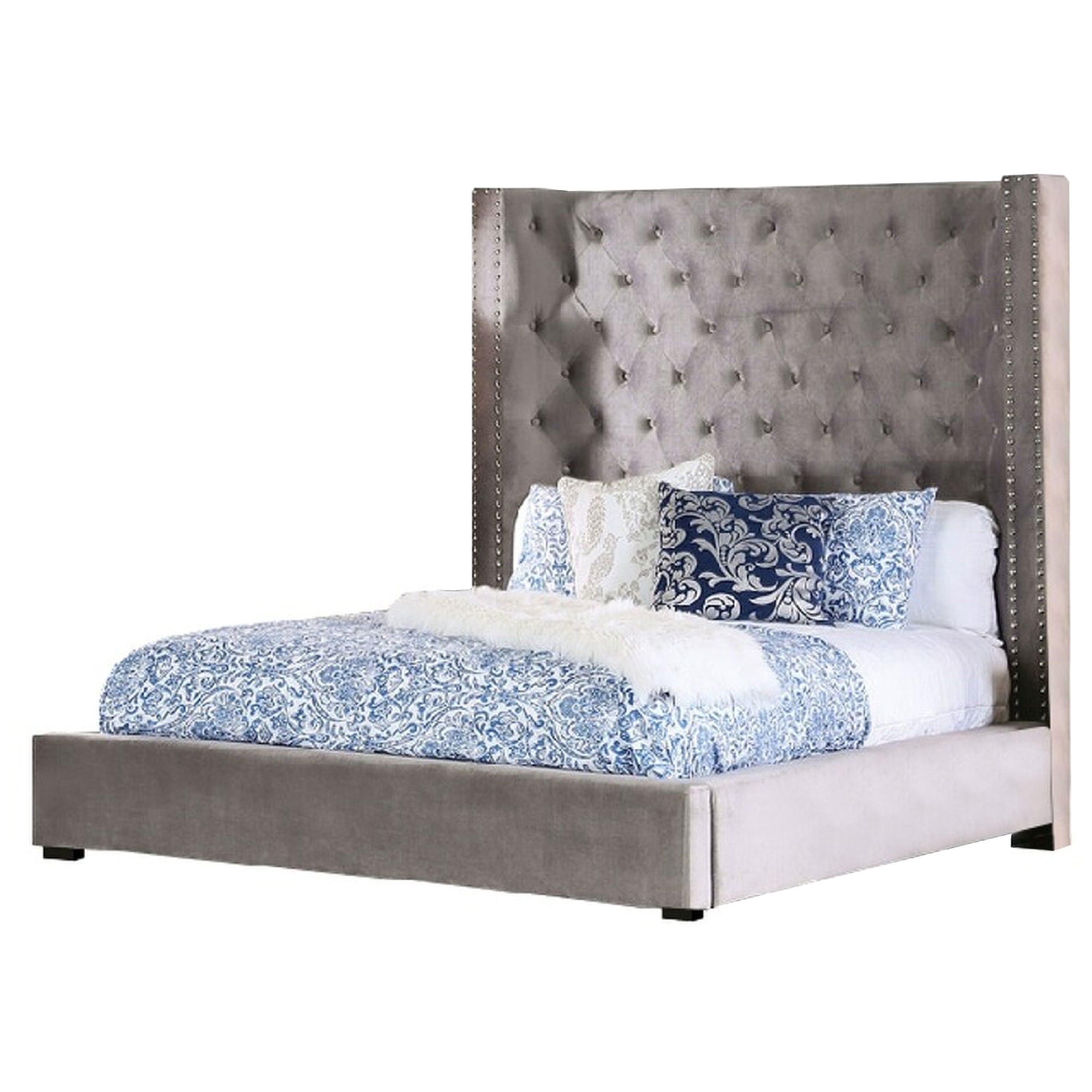 Rozy Queen Bed With Wingback Headboard Nailhead Trim Gray Upholstery