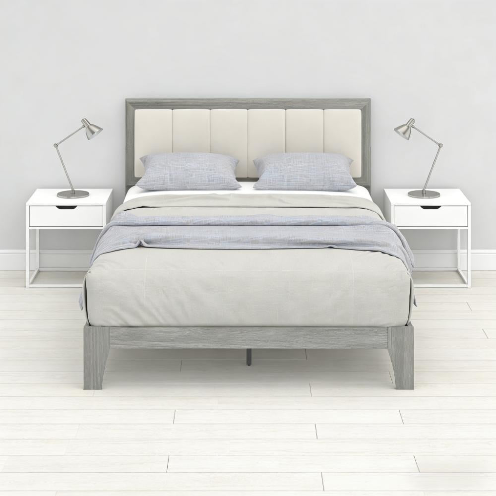 Rubber Wood Platform Bed Frame With Linen Fabric Upholstered Headboard Adjustable Feet No Box Spring Needed Easy Assembly Gray