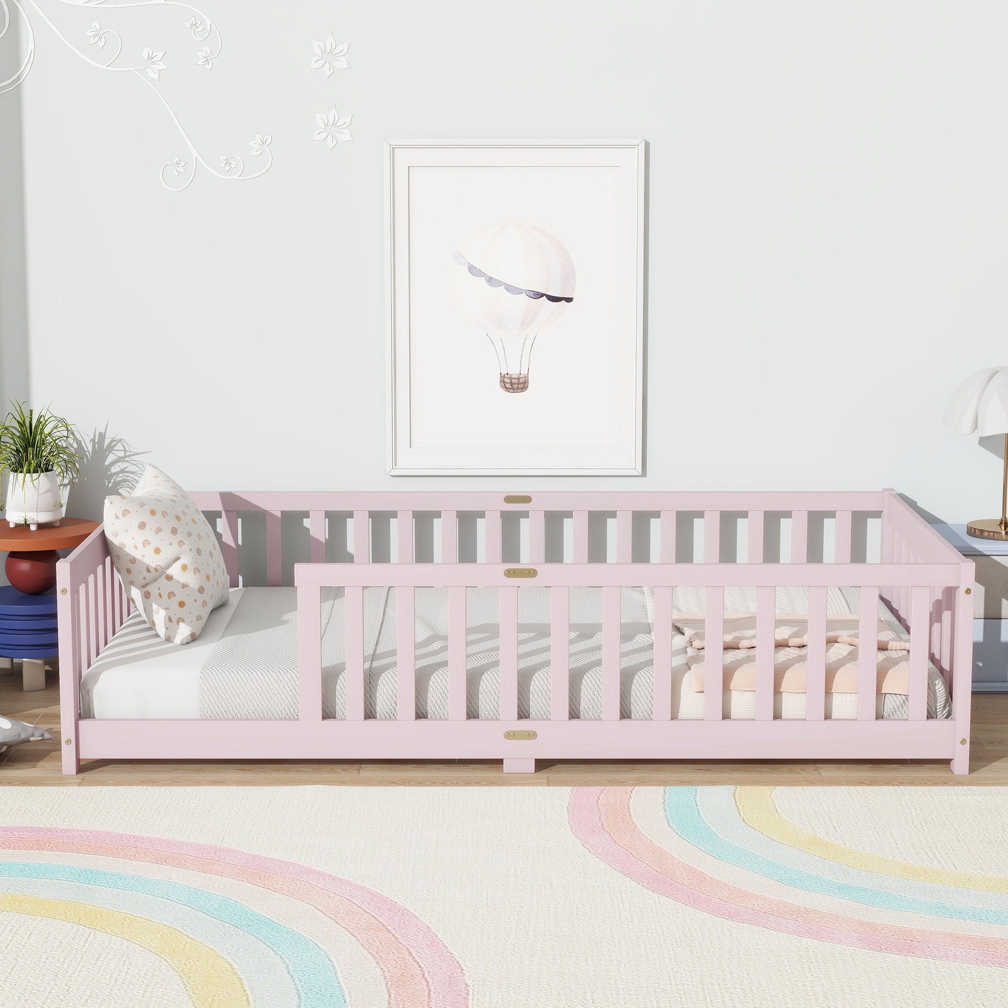 Rubber Wood Twin Size Floor Bed With Fence Without Door