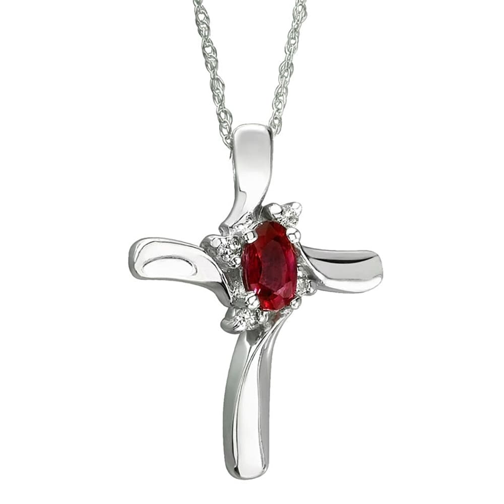 Ruby And Diamond Cross Pendant 10K White Gold