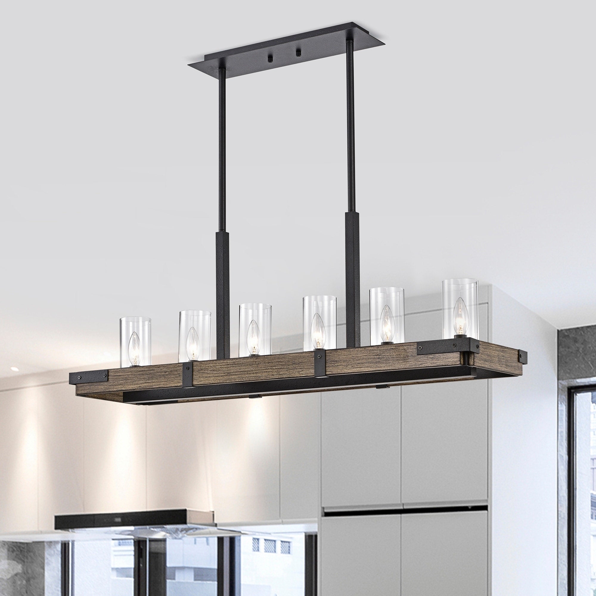 Rudi Forged Black Imitation Wood Grain 6 Light Linear Chandelier
