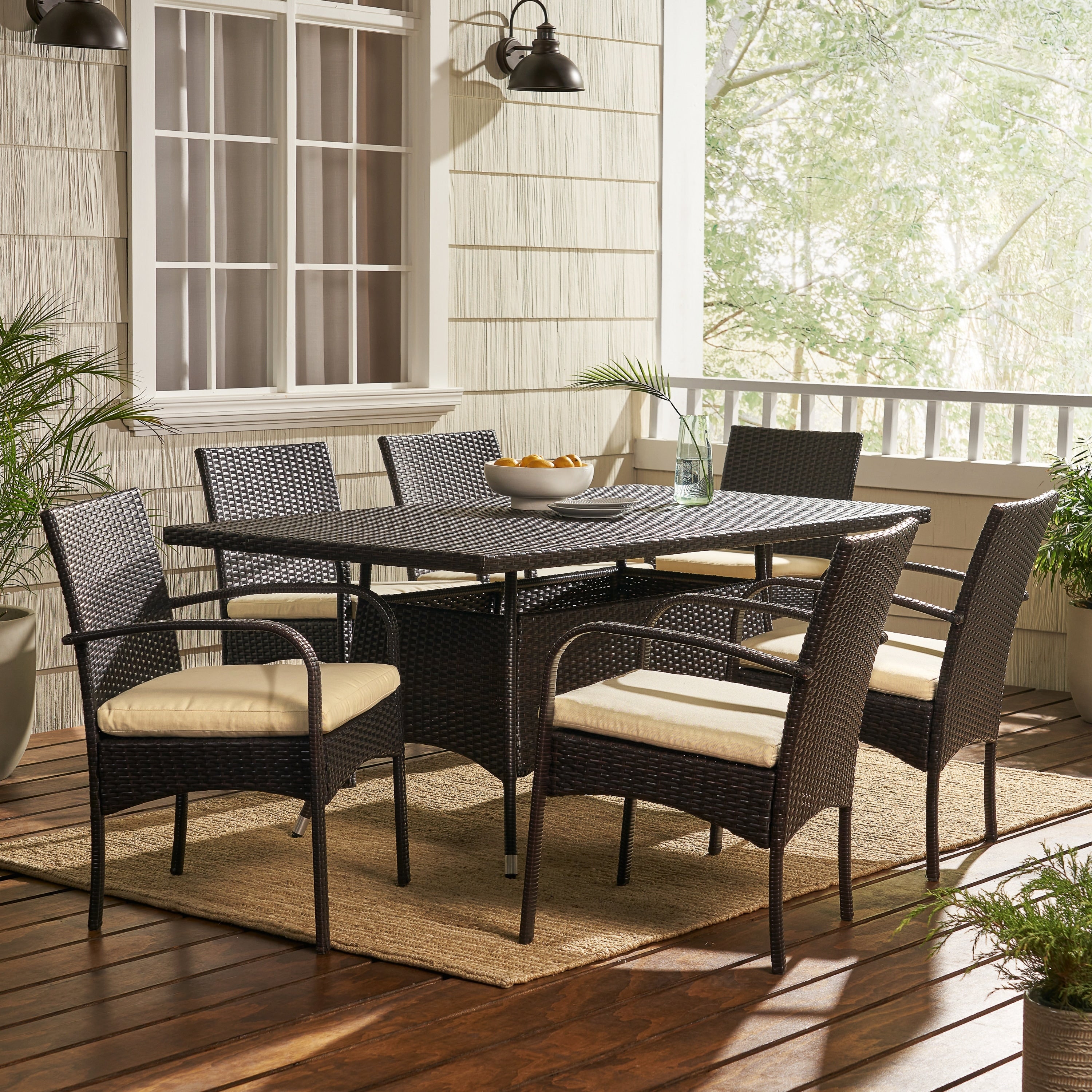 Rudolph Outdoor 7 Piece Wicker Dining Set With Cushions By Christopher Knight Home