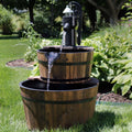 Sunnydaze Rustic 2 Tier Wood Barrel Water Fountain With Hand Pump 37 Inch