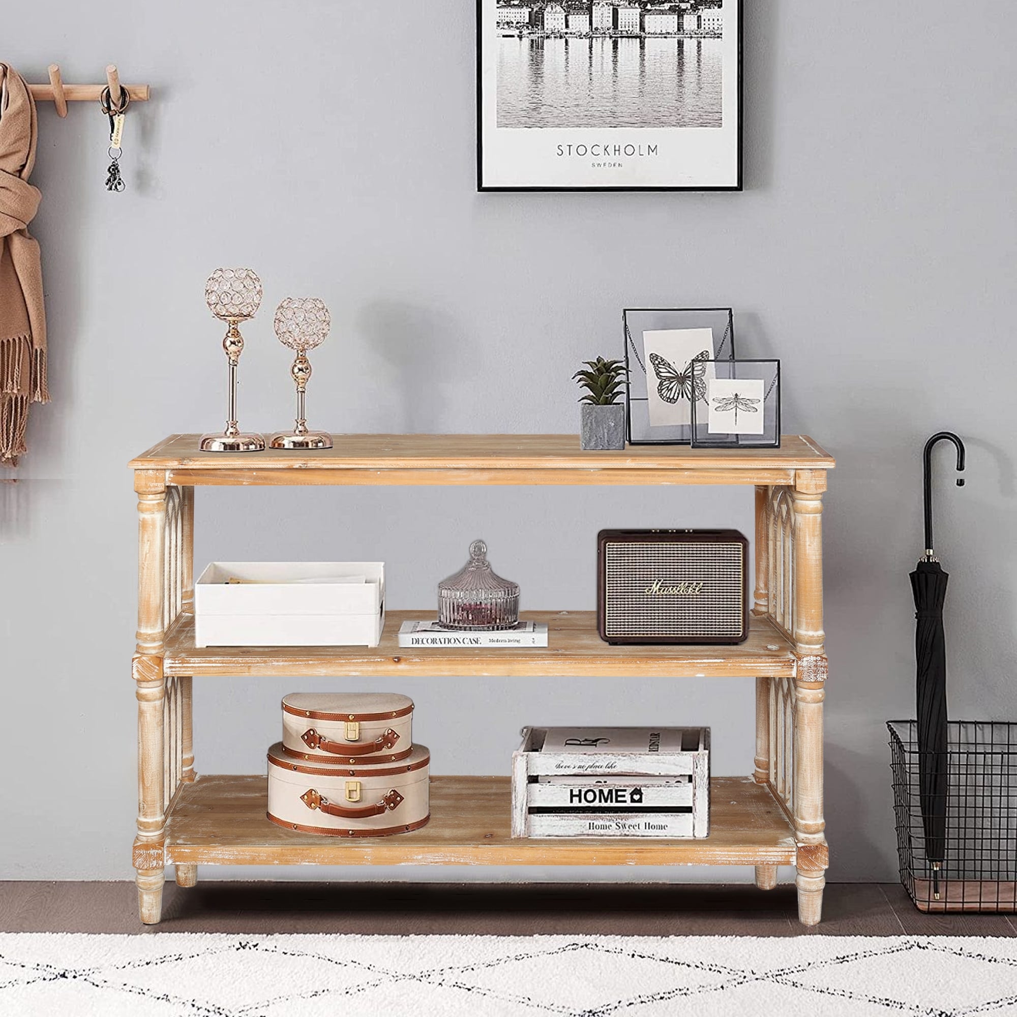 Rustic 3 Tier Console Table With Gothic Details 47.24 Inch Long Wooden Entryway Table