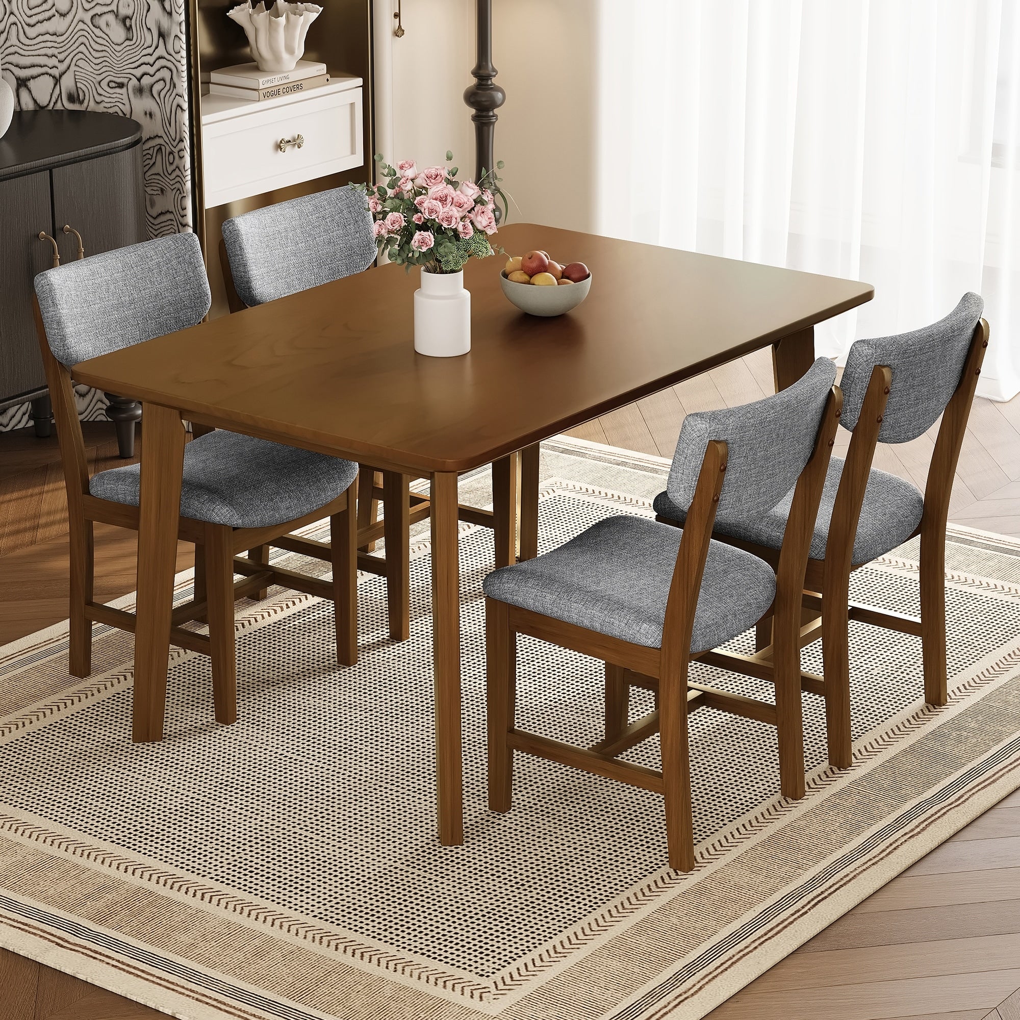 Rustic 5 Piece Dining Set With Solid Wood Table And Upholstered Chairs For Farmhouse Style Dining
