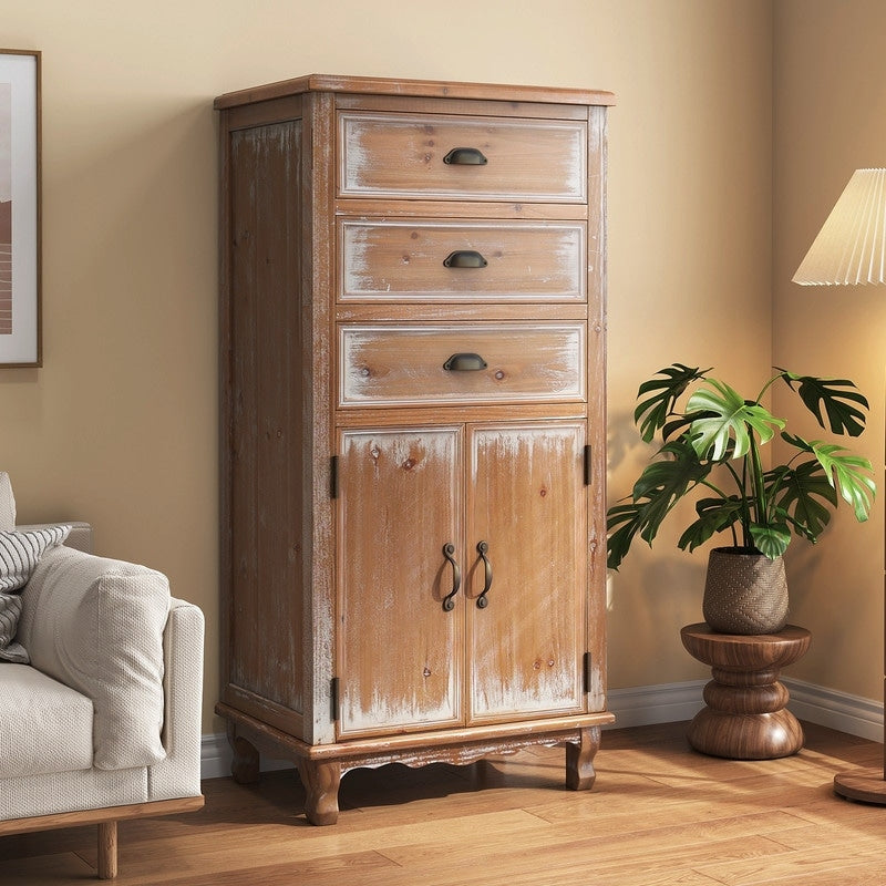 Rustic 50.79 Tall Wooden Accent Cabinet With Decorative Door And 3 Drawers