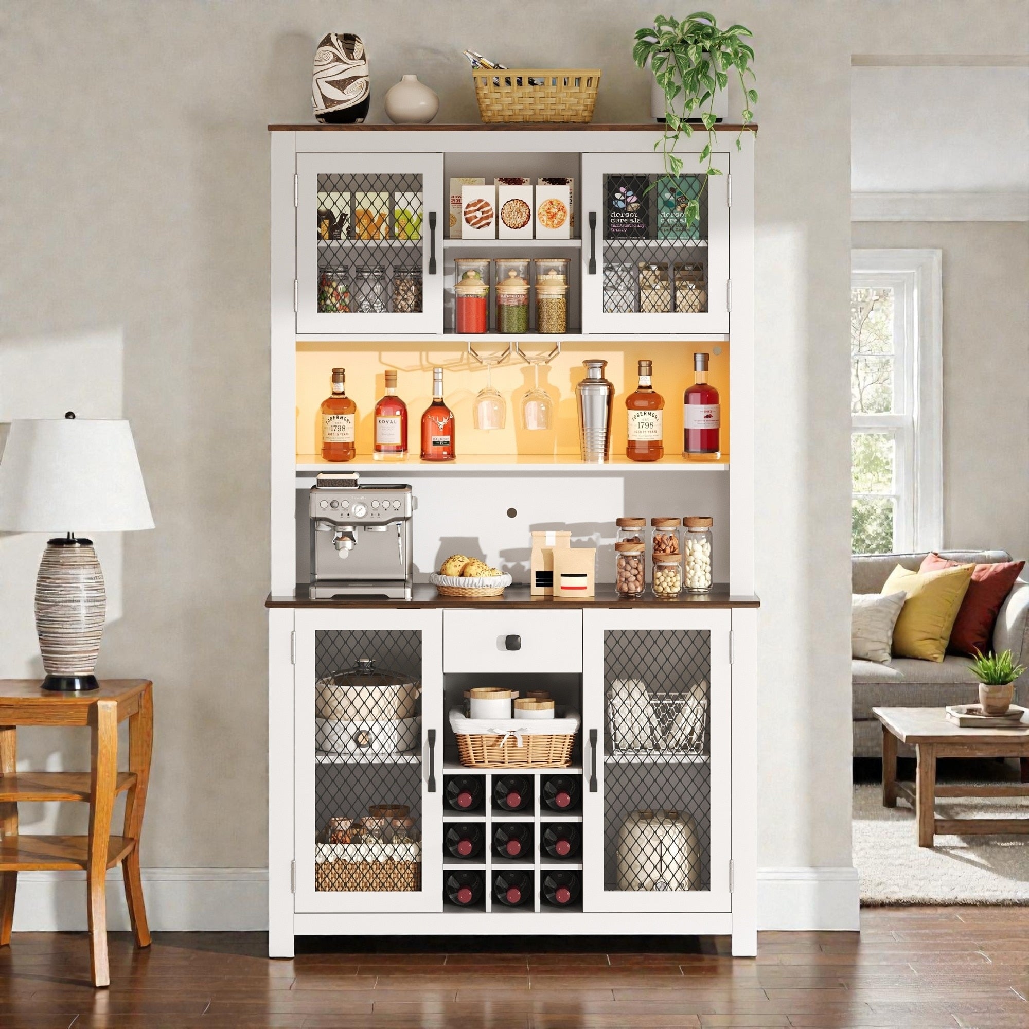 Rustic 70.9 Kitchen Hutch Pantry With Led Lights Ac Usb Outlets Wine Bottle Rack Glass Storage And Adjustable Shelves