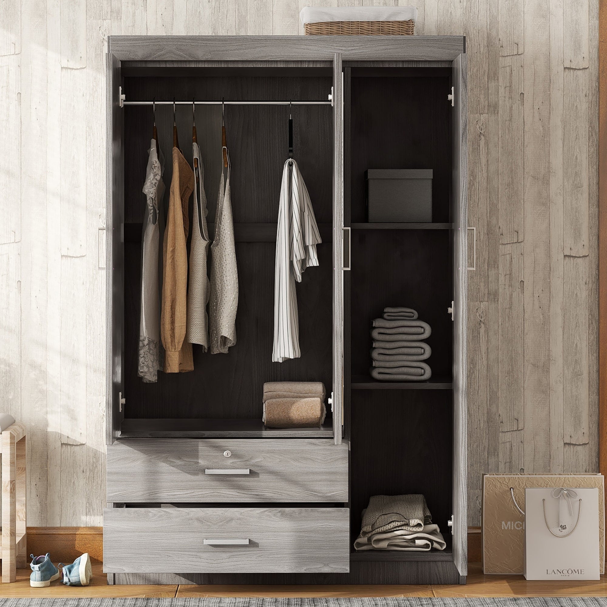 Rustic Armoire Wardrobe Closet With Hanging Rails Clothes Storage Cabinet Organizer With Drawers And Hanging Rails