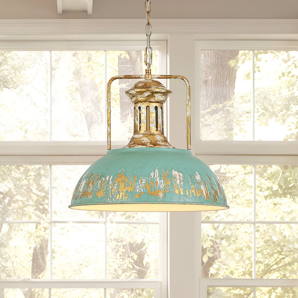 Rustic Artisanal Oxidized Teal Patina Single Metal Dome Pendant
