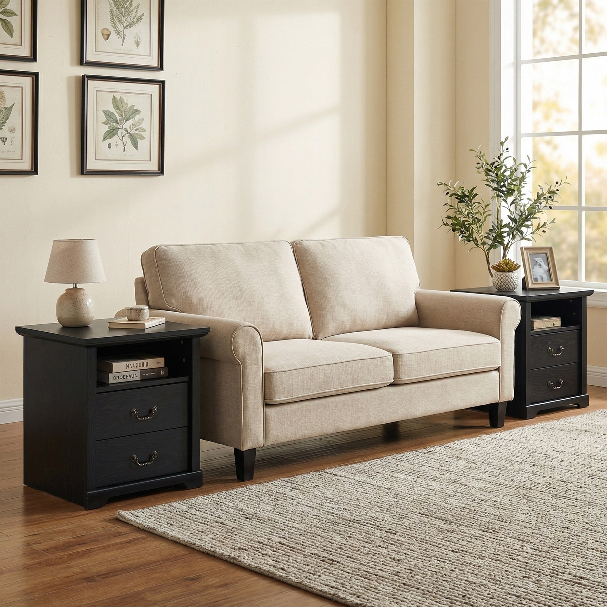 Rustic Black Nightstands Set Of 2 With Open Shelf And 2 Drawers