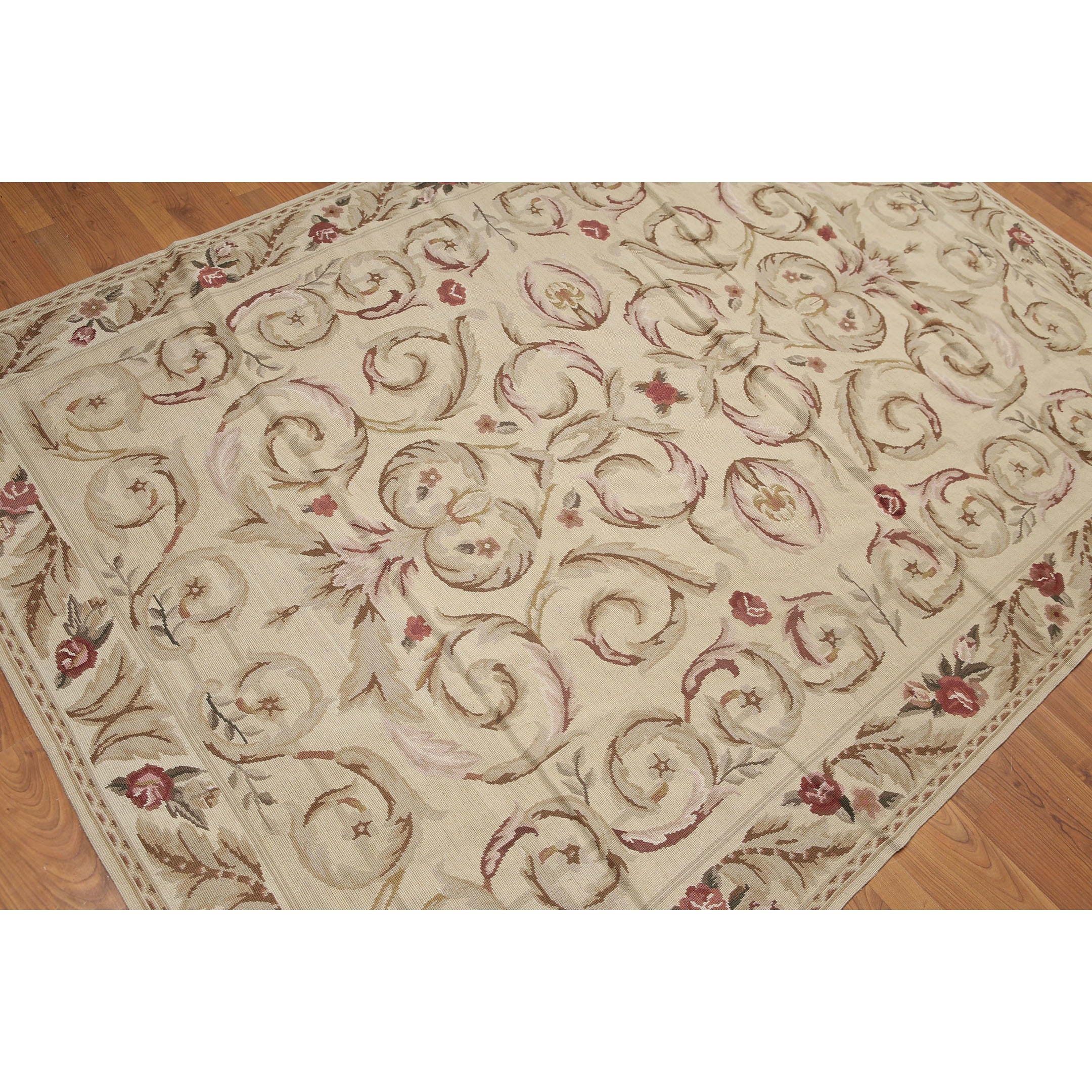 Rustic Botanical Scrolls Wool Handwoven Needlepoint Area Rug 55 X 78 Multi