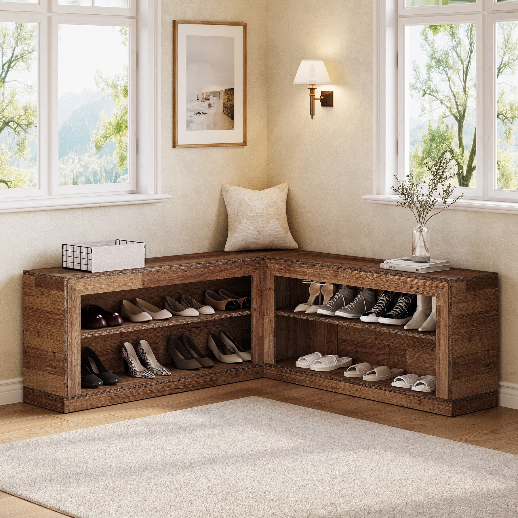 Rustic Brown 2 Tier L Shaped Shoe Bench Storage Cabinet