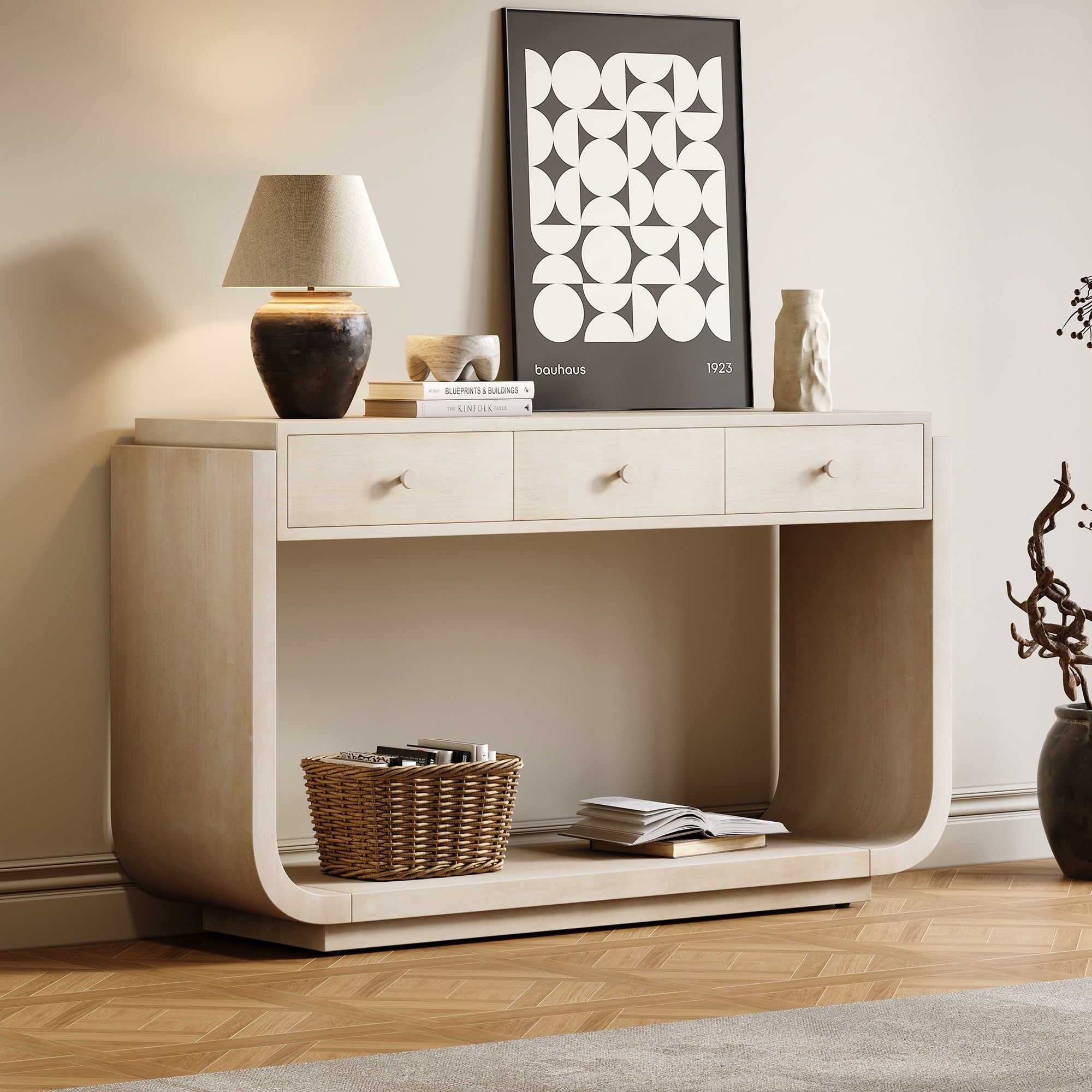 Rustic Console Table Beige Side Table With 3 Storage Drawers Entryway Table Hallway Table With Bottom Shelf