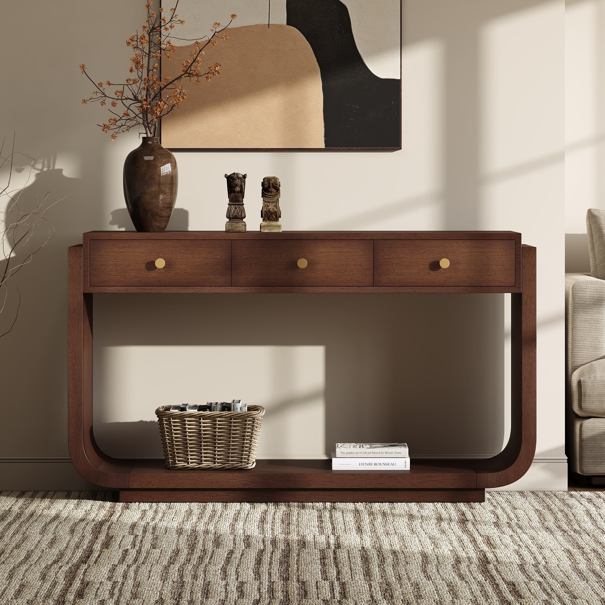 Rustic Console Table Side Table With 3 Storage Drawers Walnut Entryway Table Hallway Table With Bottom Shelf