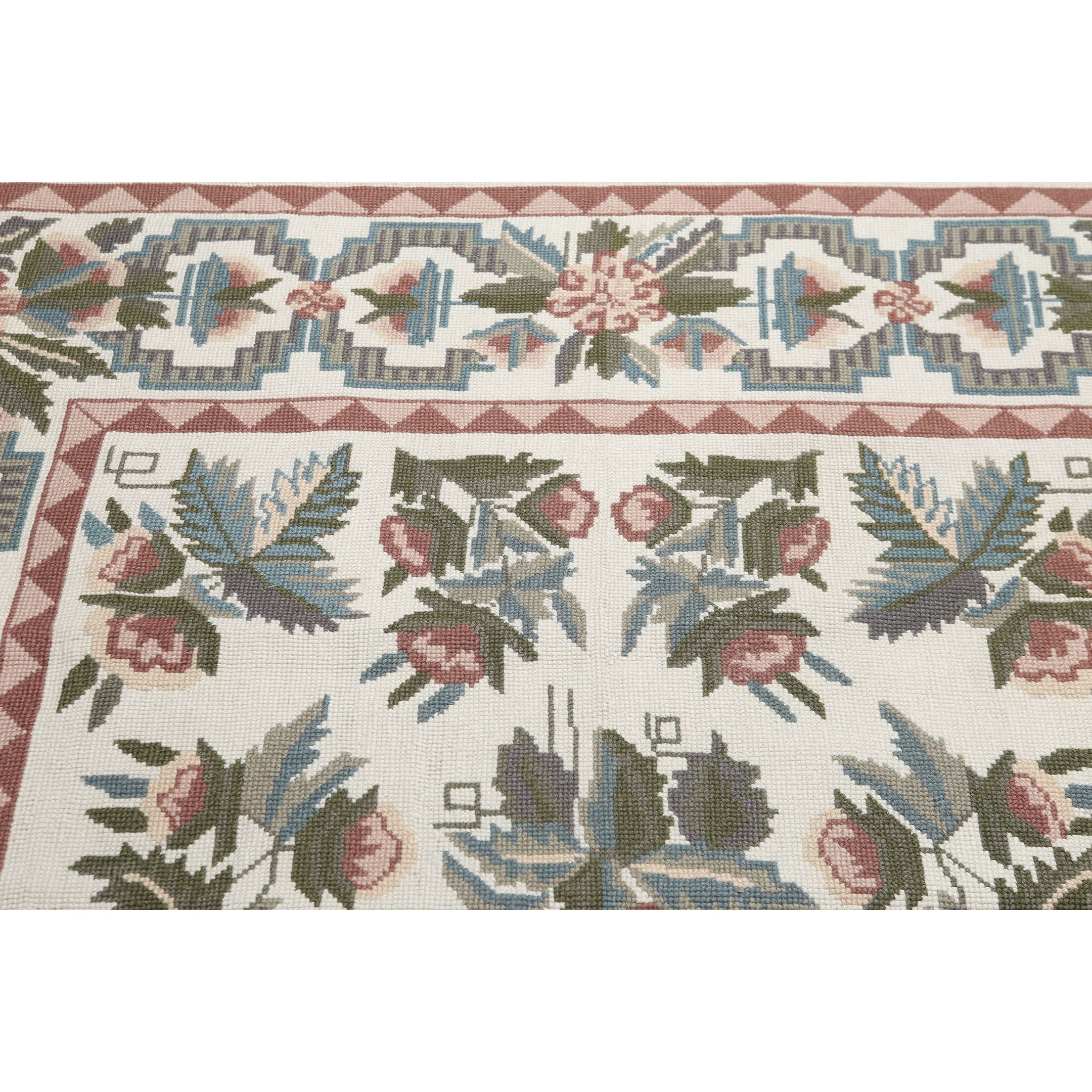 Rustic Country Floral Portuguese Needlepoint Multicolored Wool Hand Woven Area Rug 6 X 9 Multi