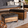 Rustic Dark Brown Faux Leather 2 Piece Wood Storage Trunk Ottoman Set