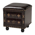 Rustic Dark Brown Faux Leather Storage Ottoman With Book Spine Drawer