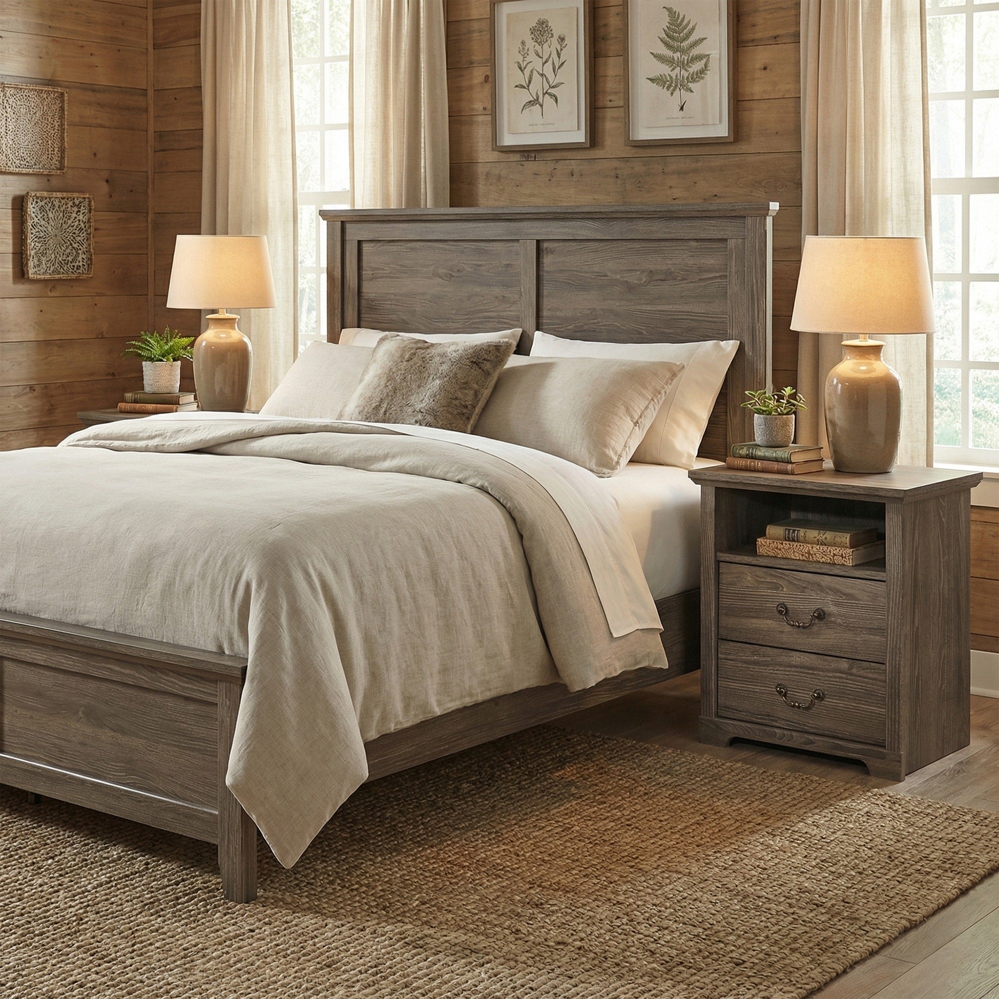 Rustic Dark Gray Nightstands Set Of 2 With Open Shelf And 2 Drawers