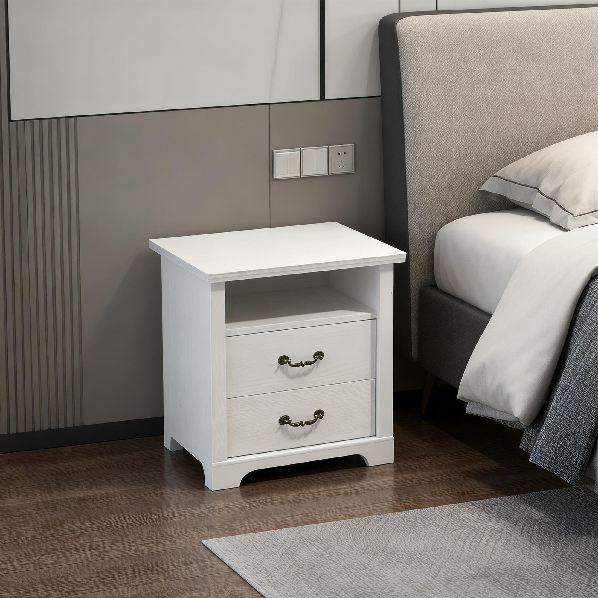 Modern White Nightstands Set Of 2 With Open Shelf And 2 Drawers