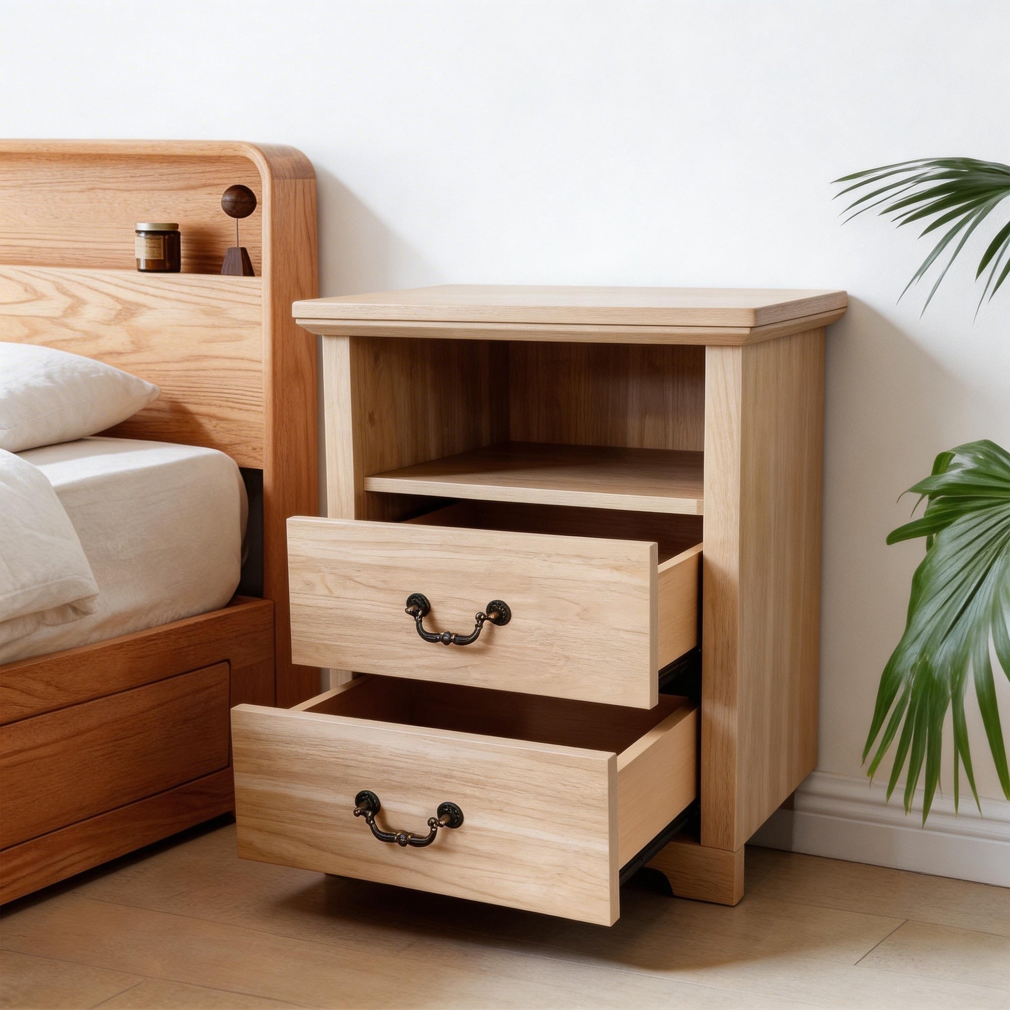 Rustic Distressed Oak Nightstands Set Of 2 With Open Shelf And 2 Drawers