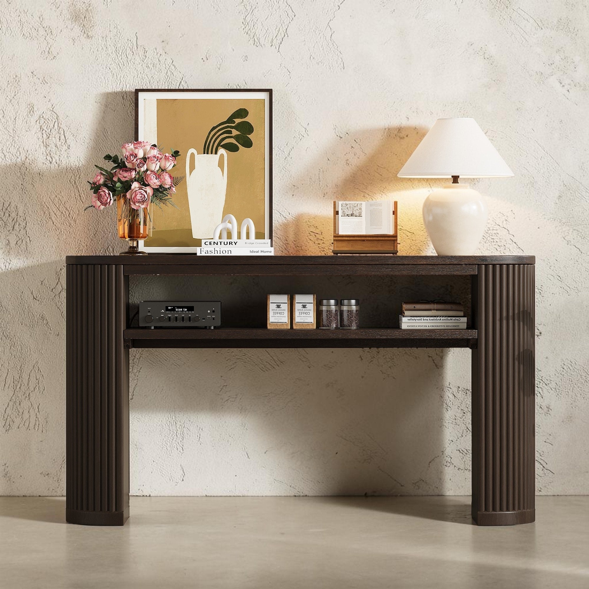 Rustic Farmhouse Console Table With Open Shelf Oval Entryway Sofa Table With Fluted Legs