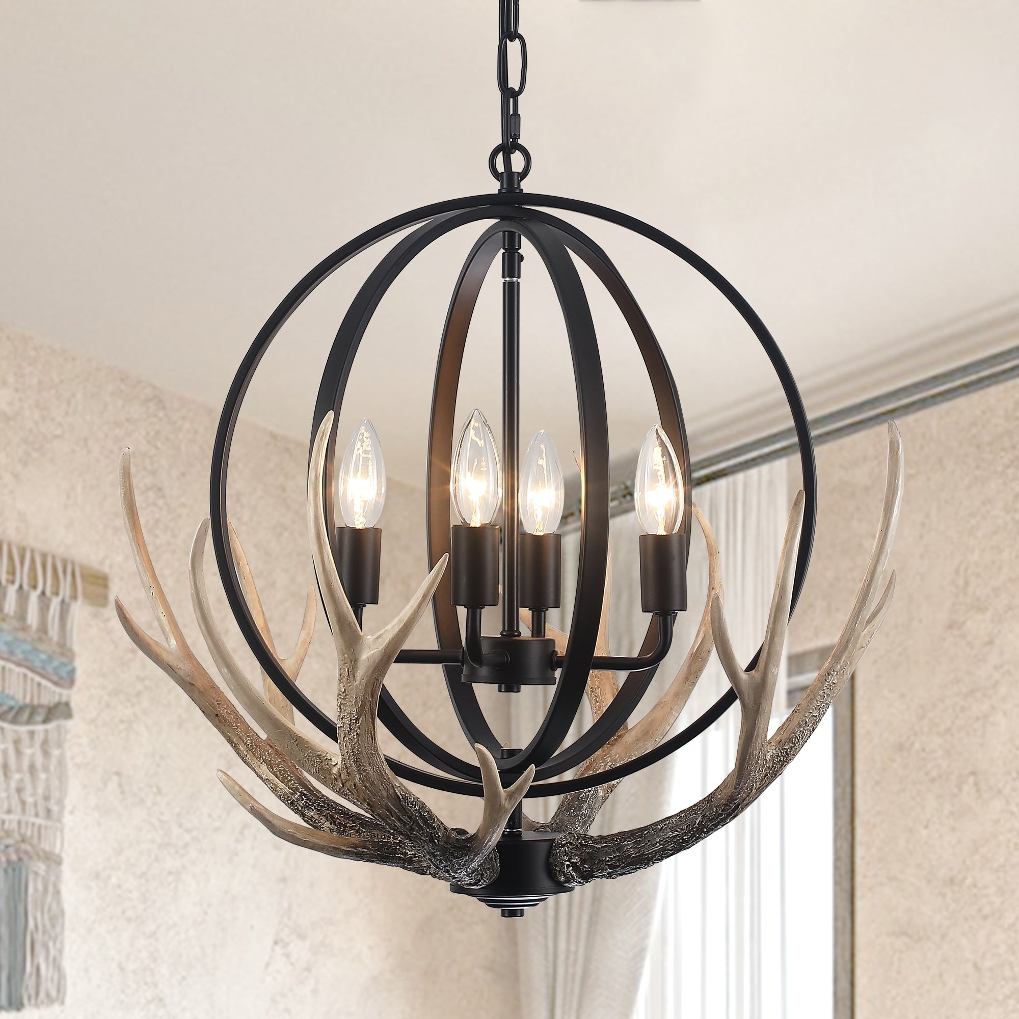 Rustic Hanging Lamp 4 Light Black Metal Sphere Pendant With Faux Deer Horns