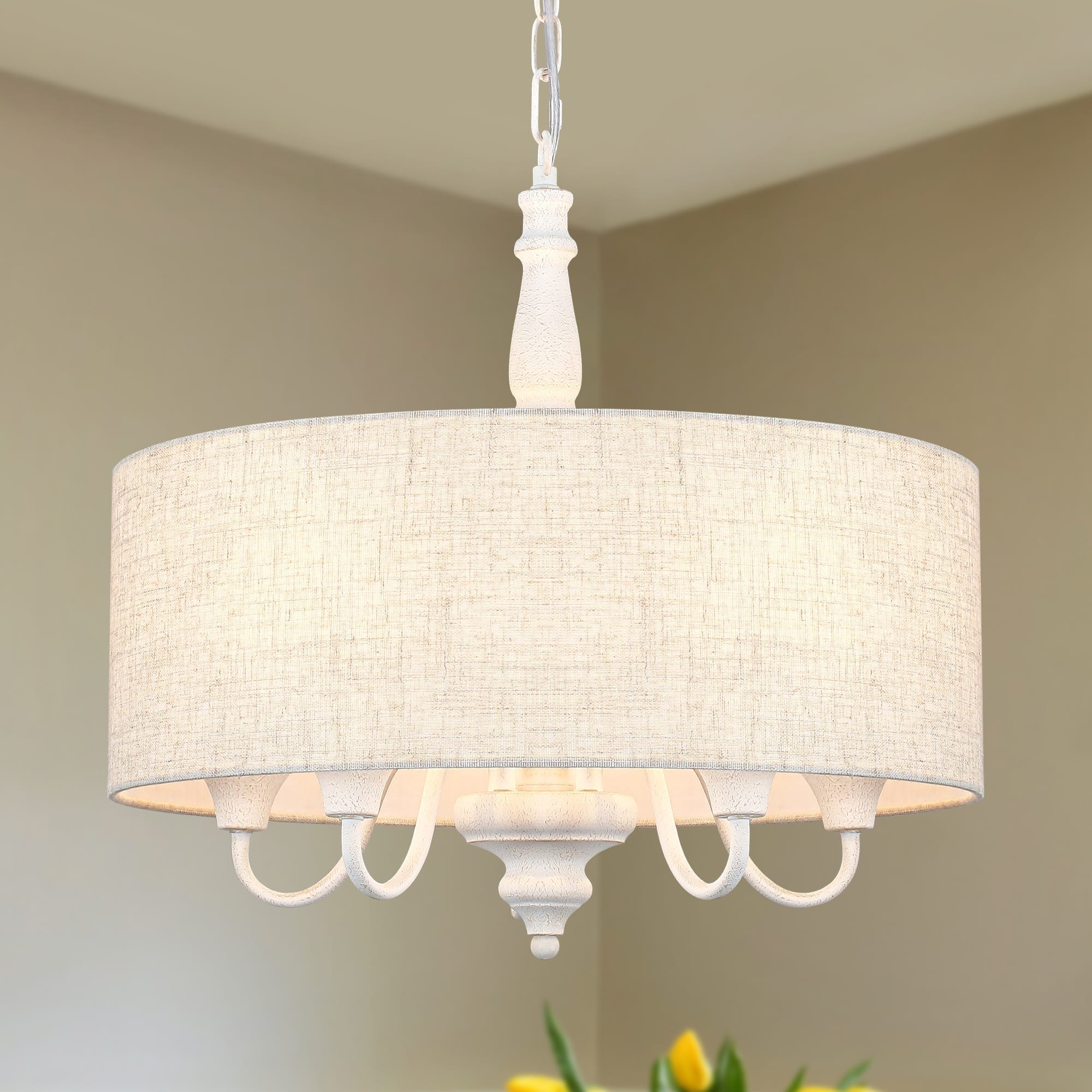 Rustic Industrial Ceiling Pendant Light With Linen Drum Shade 5 Light Chandelier For Kitchen Island