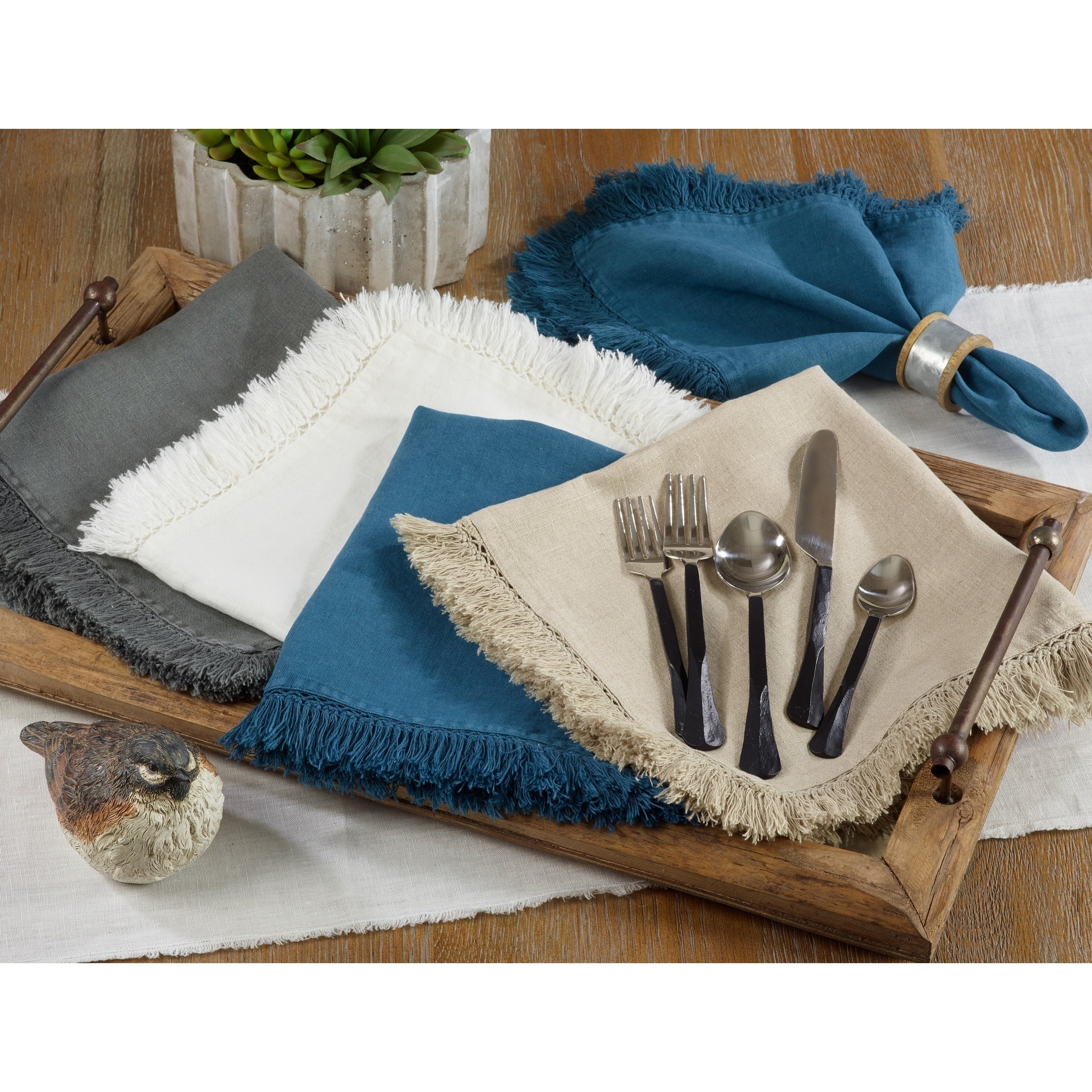 Rustic Linen Napkins With Large Fringe Edges Set Of 4