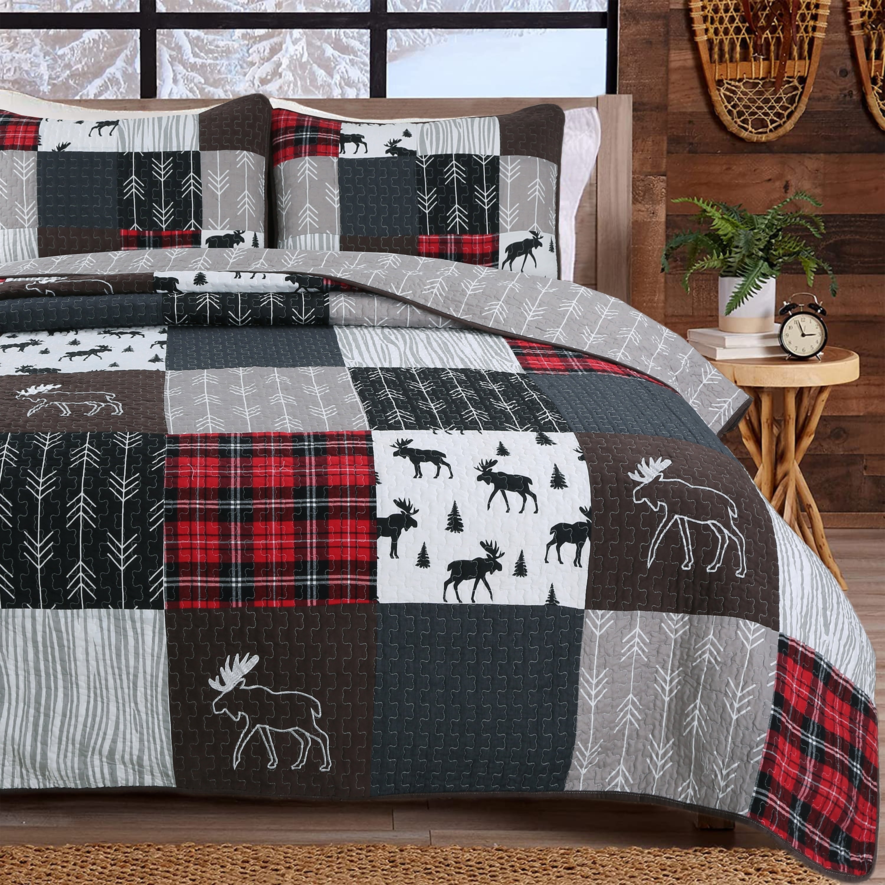 Cozy Line Home Fashions Rustic Lodge Life Moose Cabin Real Patchwork Reversible Quilt Set