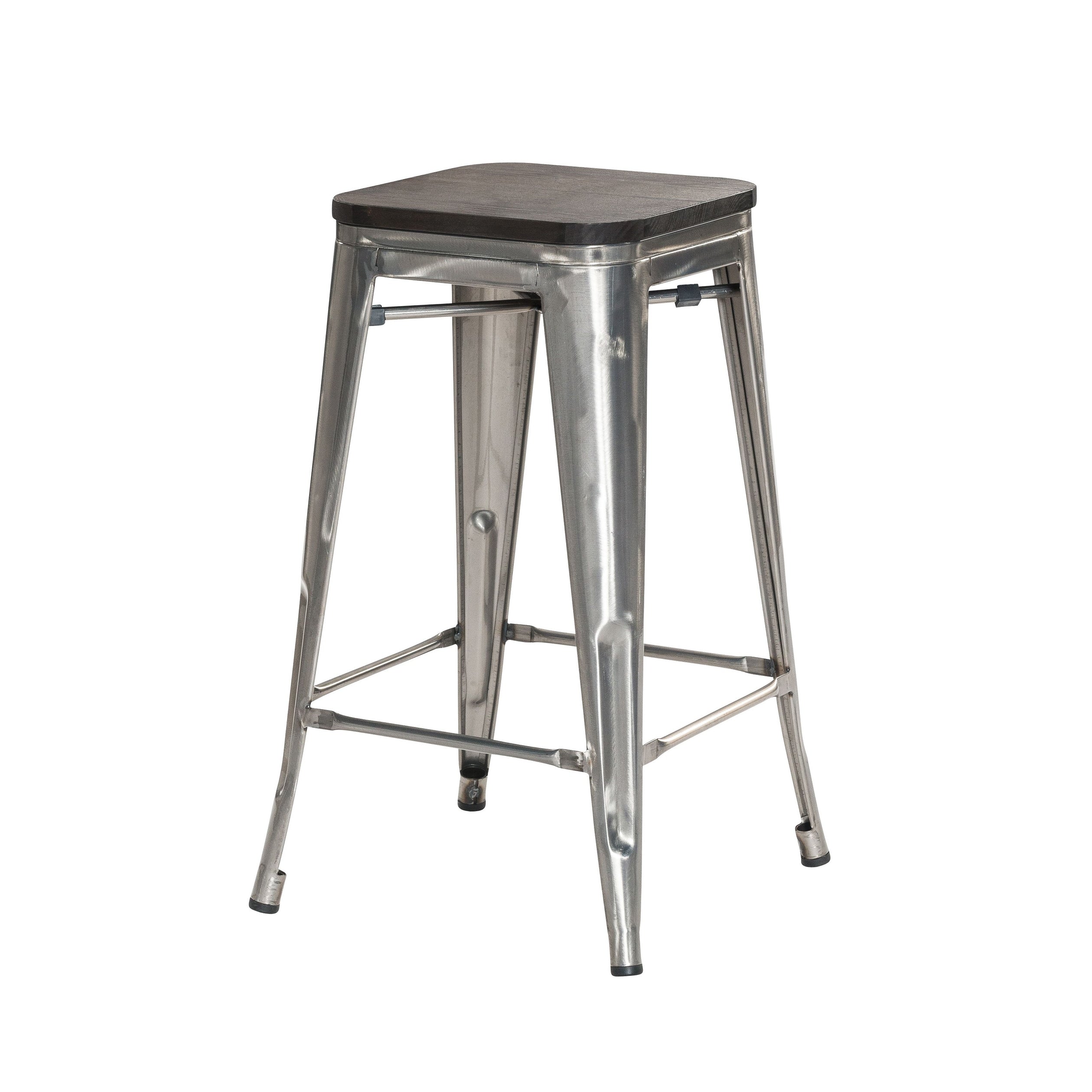 Rustic Metal Bar Stools With Wooden Tops 26In Set Of 4