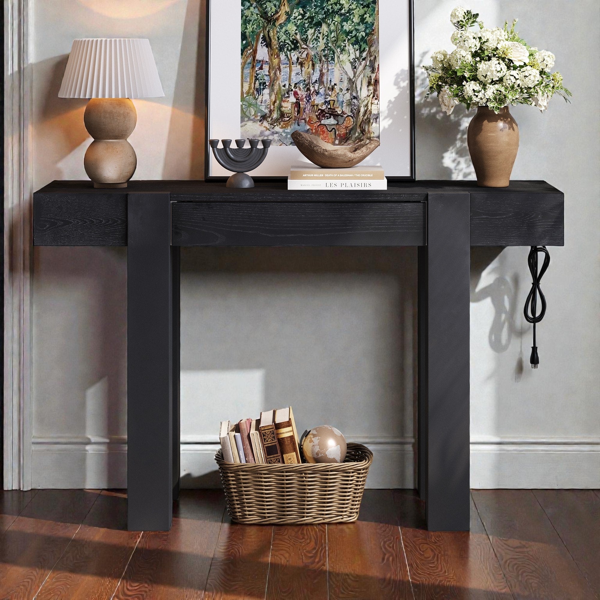 Rustic Minimalist Console Table With Hidden Drawer Power Outlet Solid Wood Entryway Table For Living Room Home Office