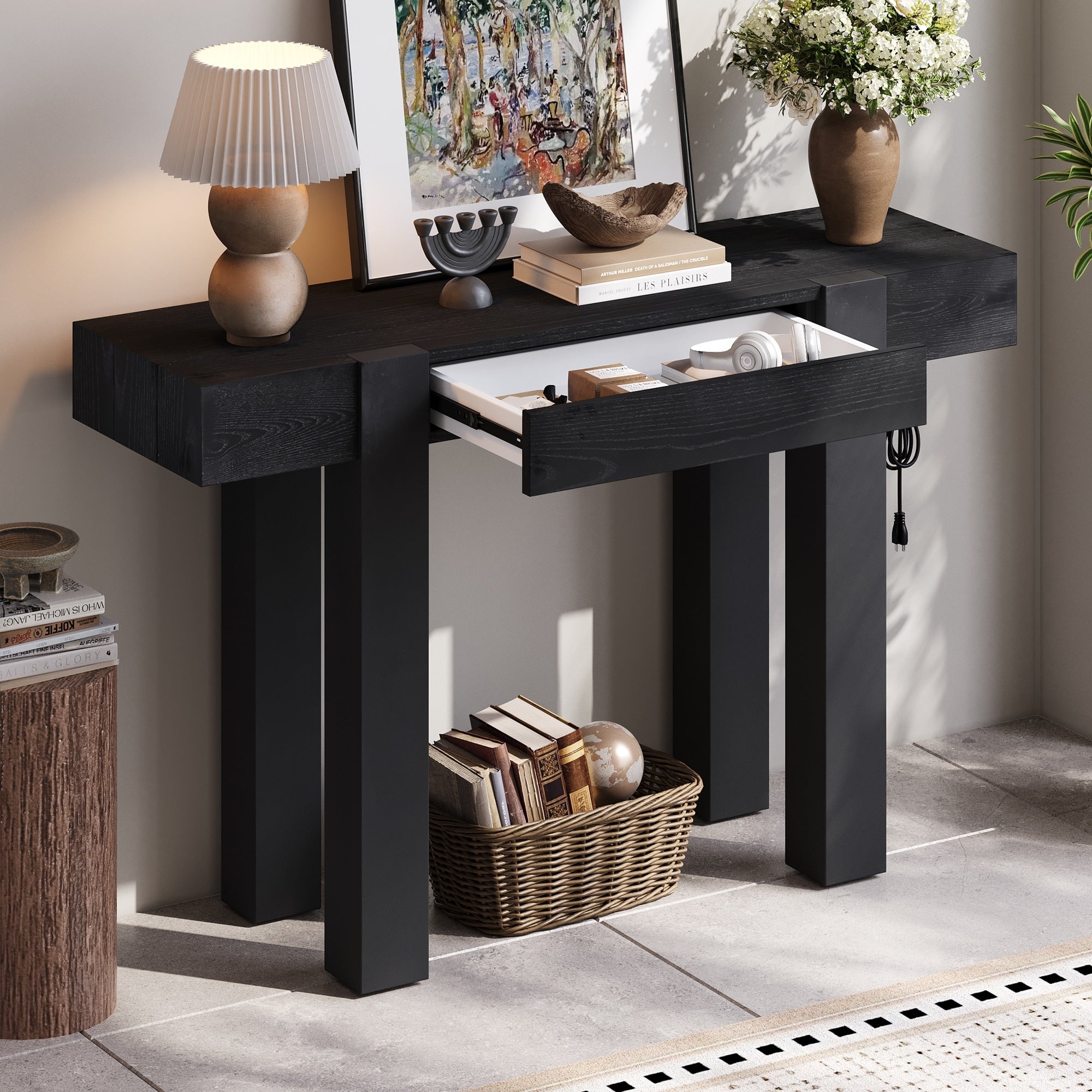 Rustic Minimalist Console Table With Hidden Drawer Side Power Outlet Wood Entryway Table For Entryway