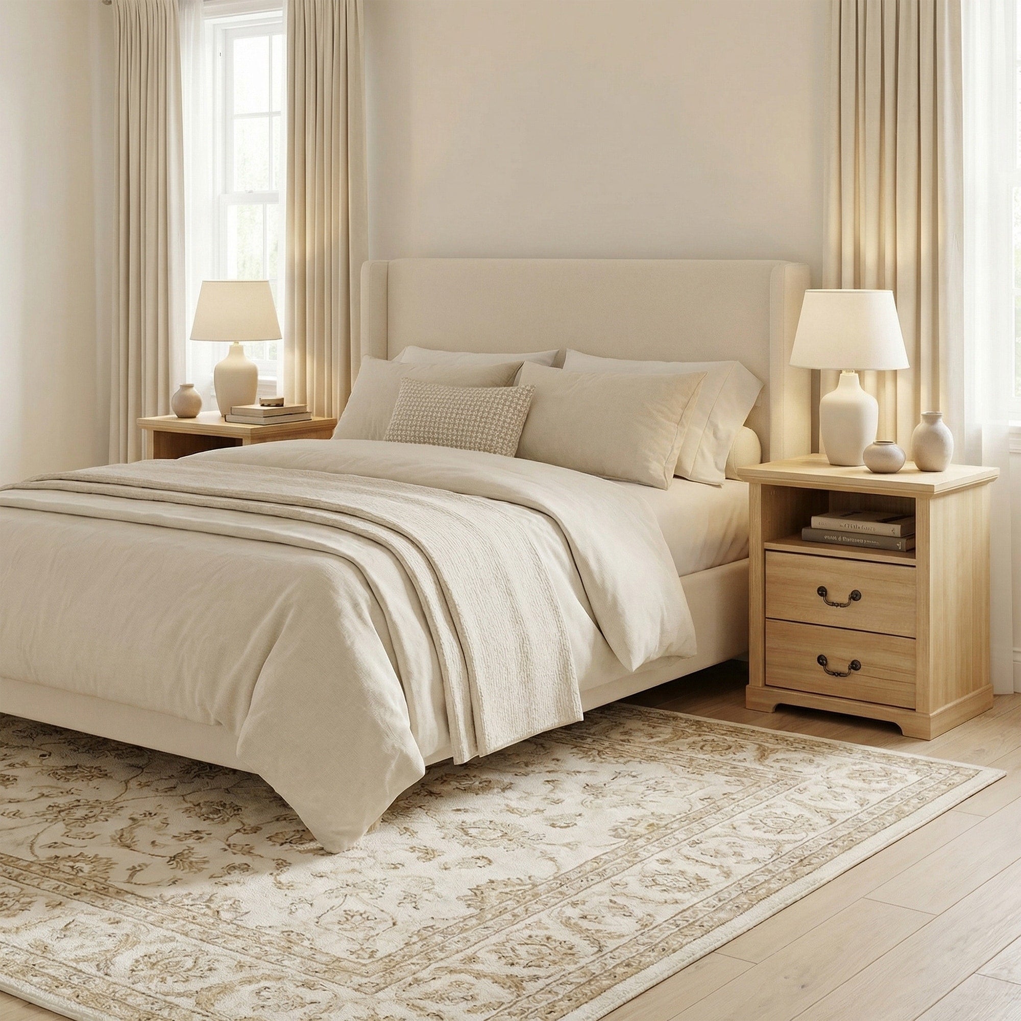 Rustic Natural Nightstands Set Of 2 With Open Shelf And 2 Drawers