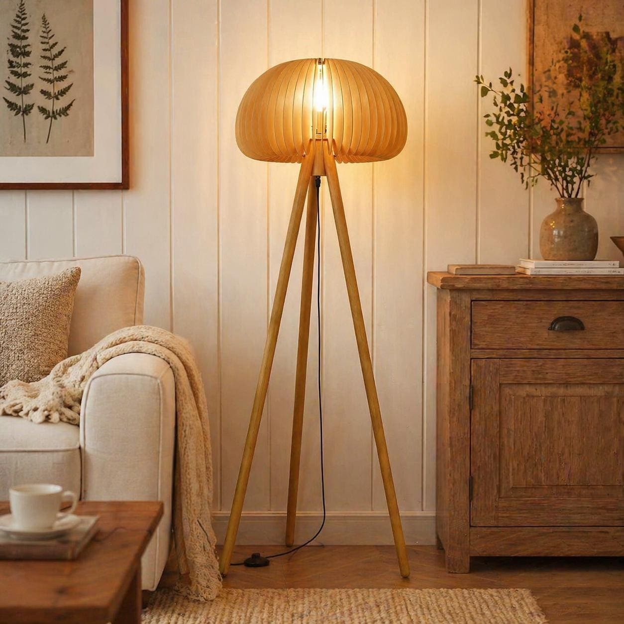 Rustic Natural Wood Pumpkin Floor Lamp With Warm Glow