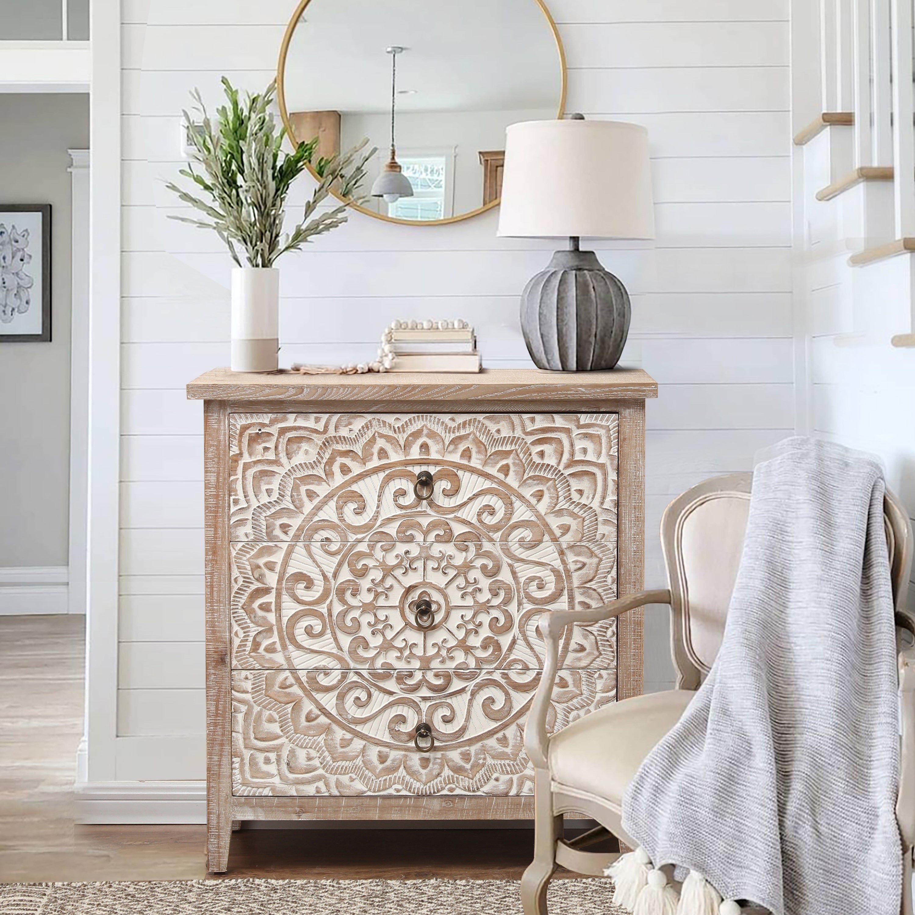 Wood Medallion Three Drawer Storage Cabinet