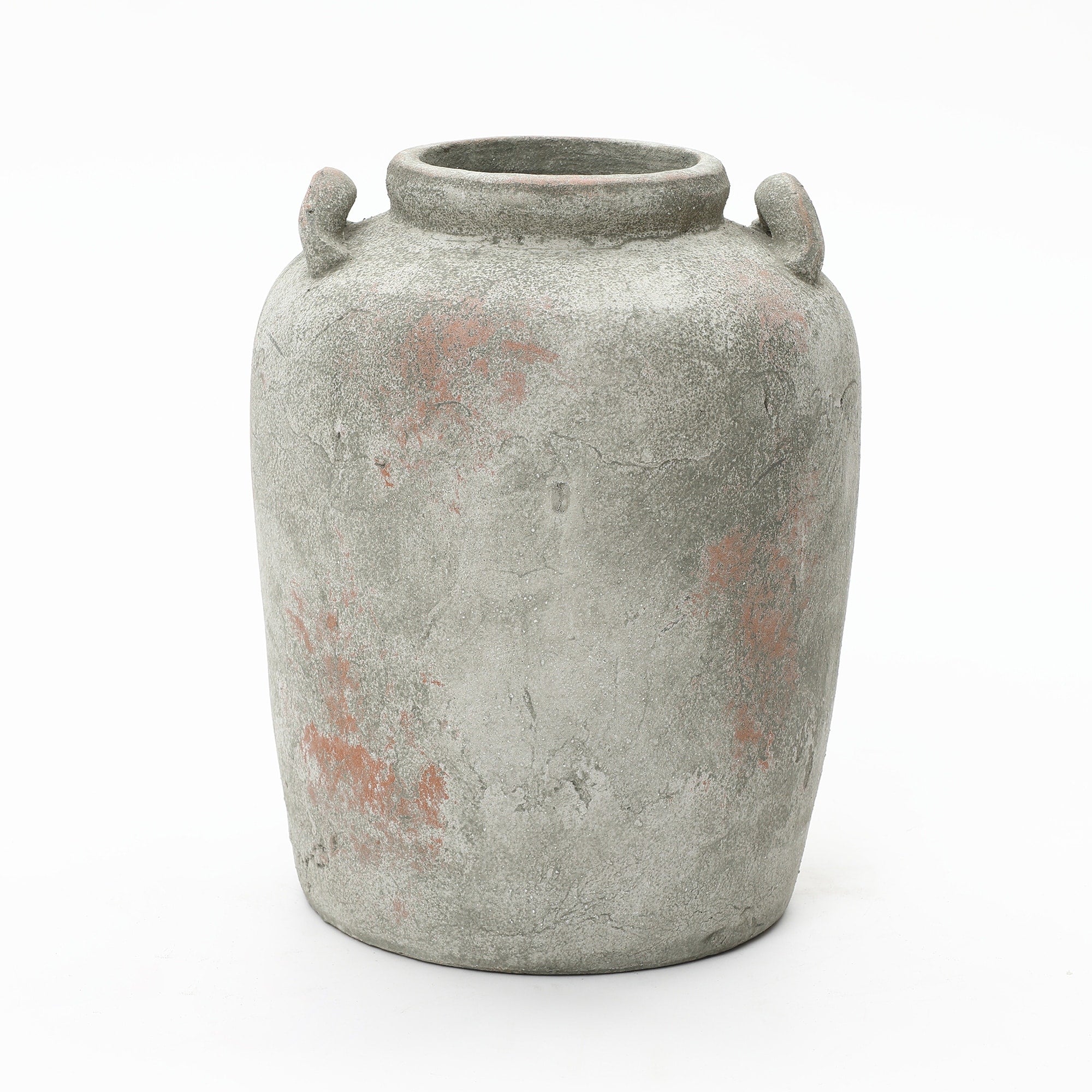Rustic Old World Gray Brown 13.4 Tall Round Terracotta Vase With Handles