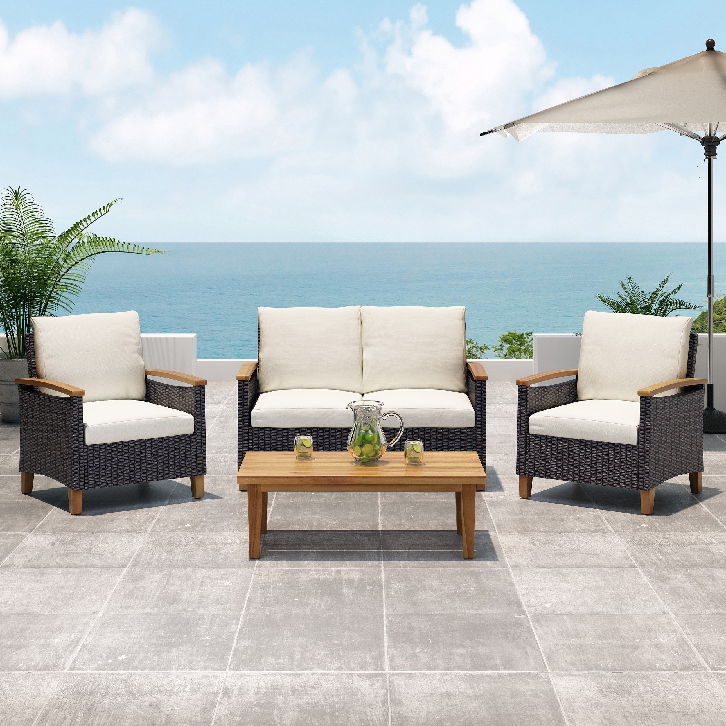 Rustic Outdoor Wood Chat Set With 2 Club Chairs Patio Conversation Set With Loveseat Coffee Table